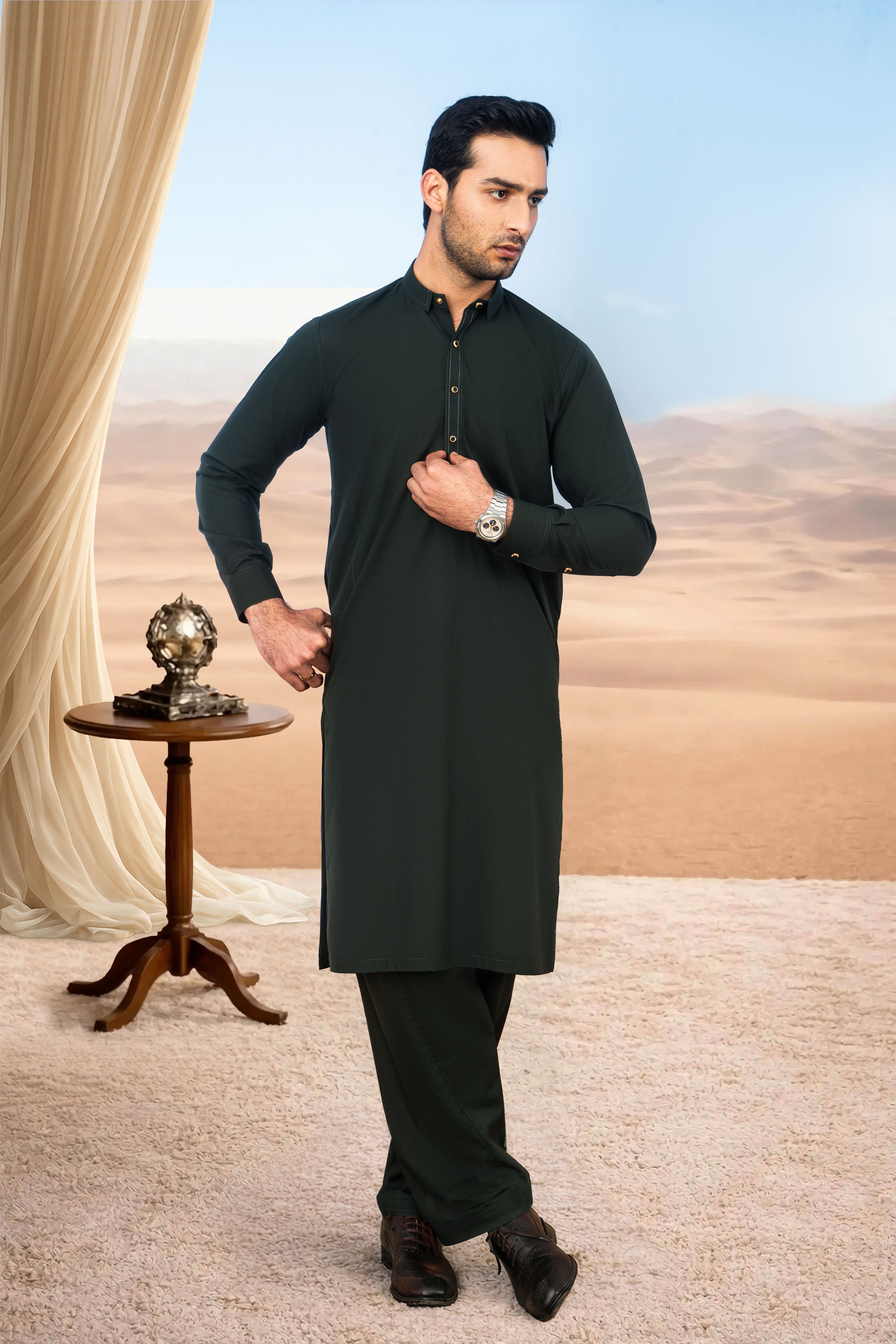 Elegant Short Collar Kameez Shalwar with Subtle Detailing -  Bottle Green