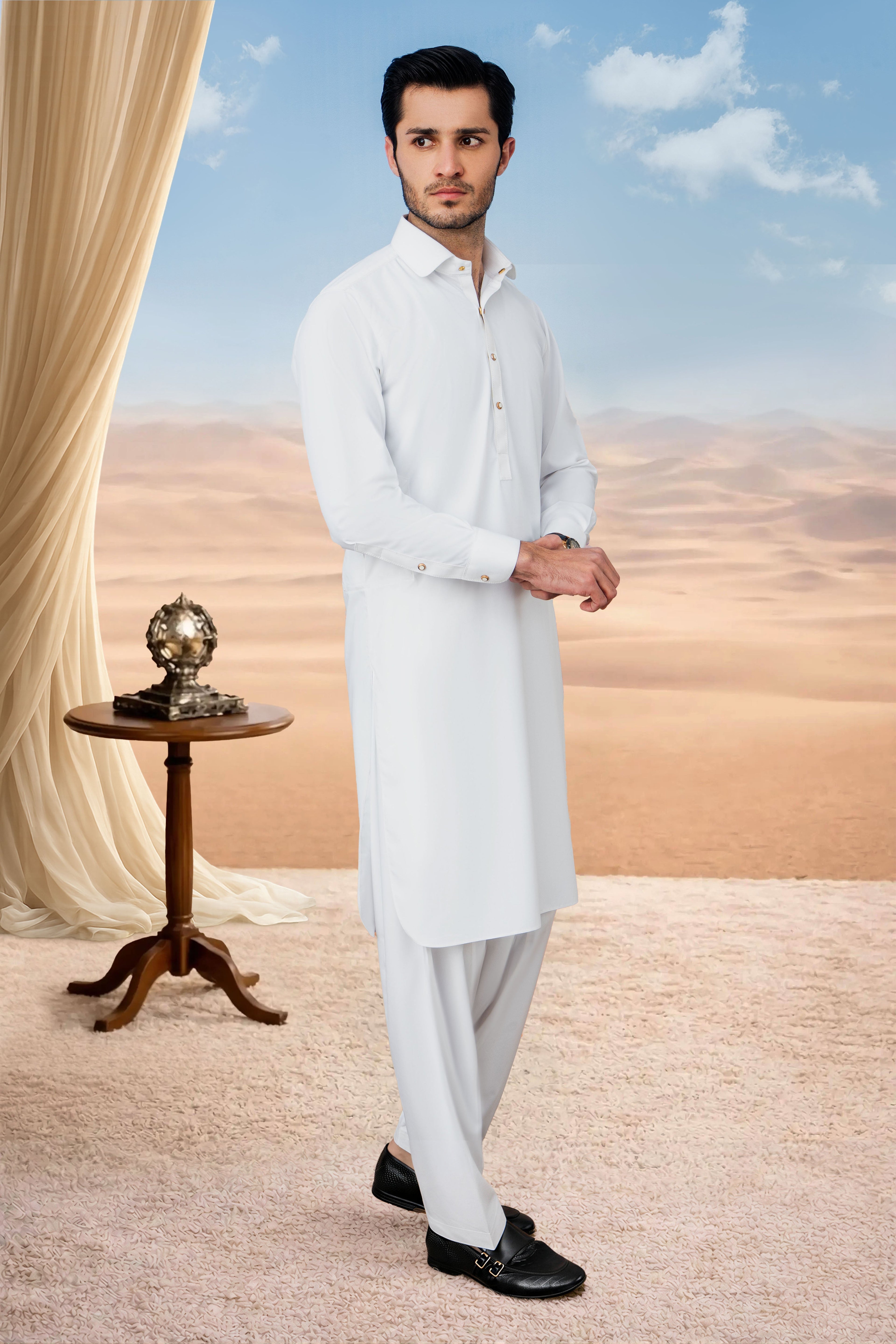 Premium Round Collar Kameez Shalwar with Button Detailing - Off White