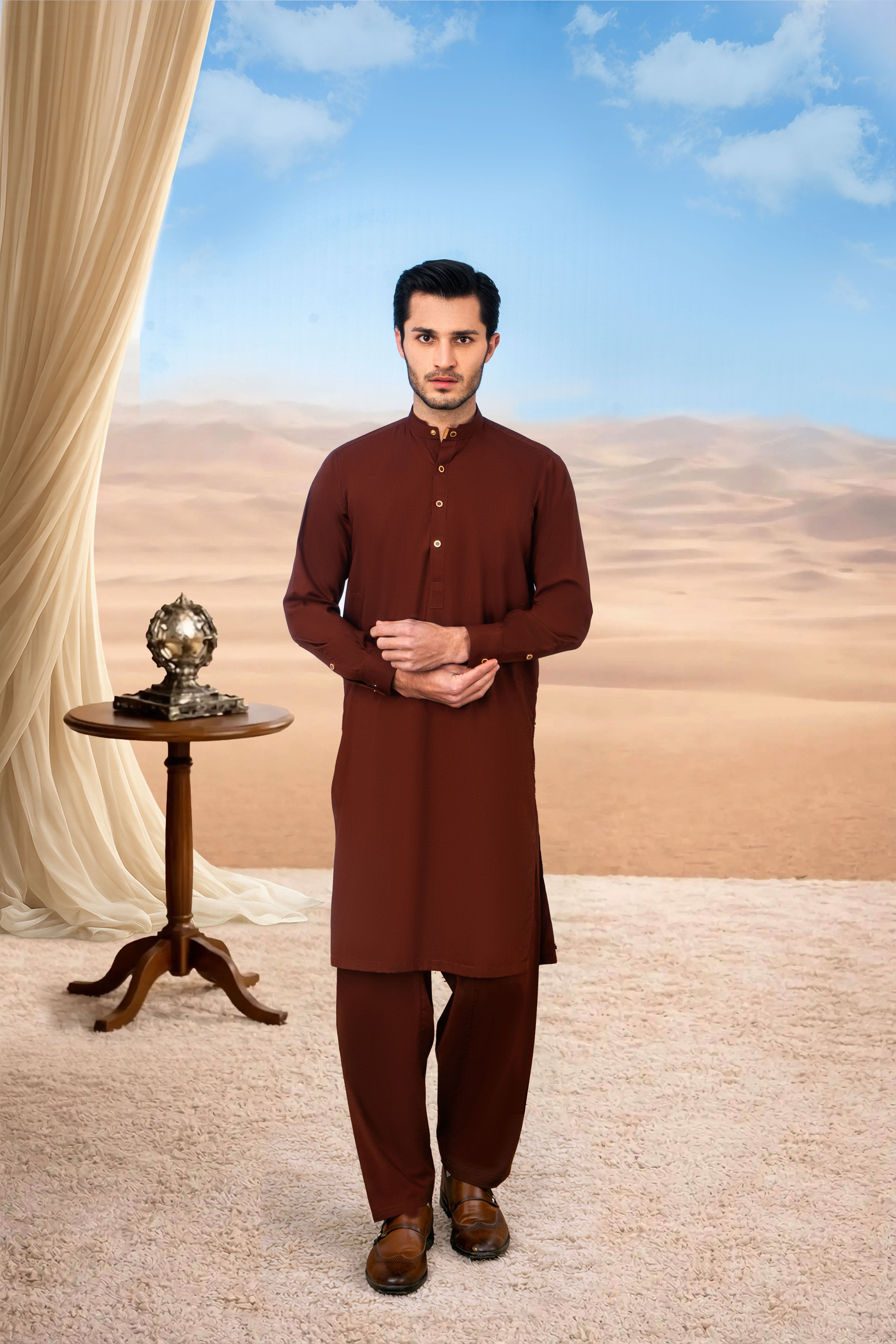 Classic Kurta Shalwar with Button Placket - Rust