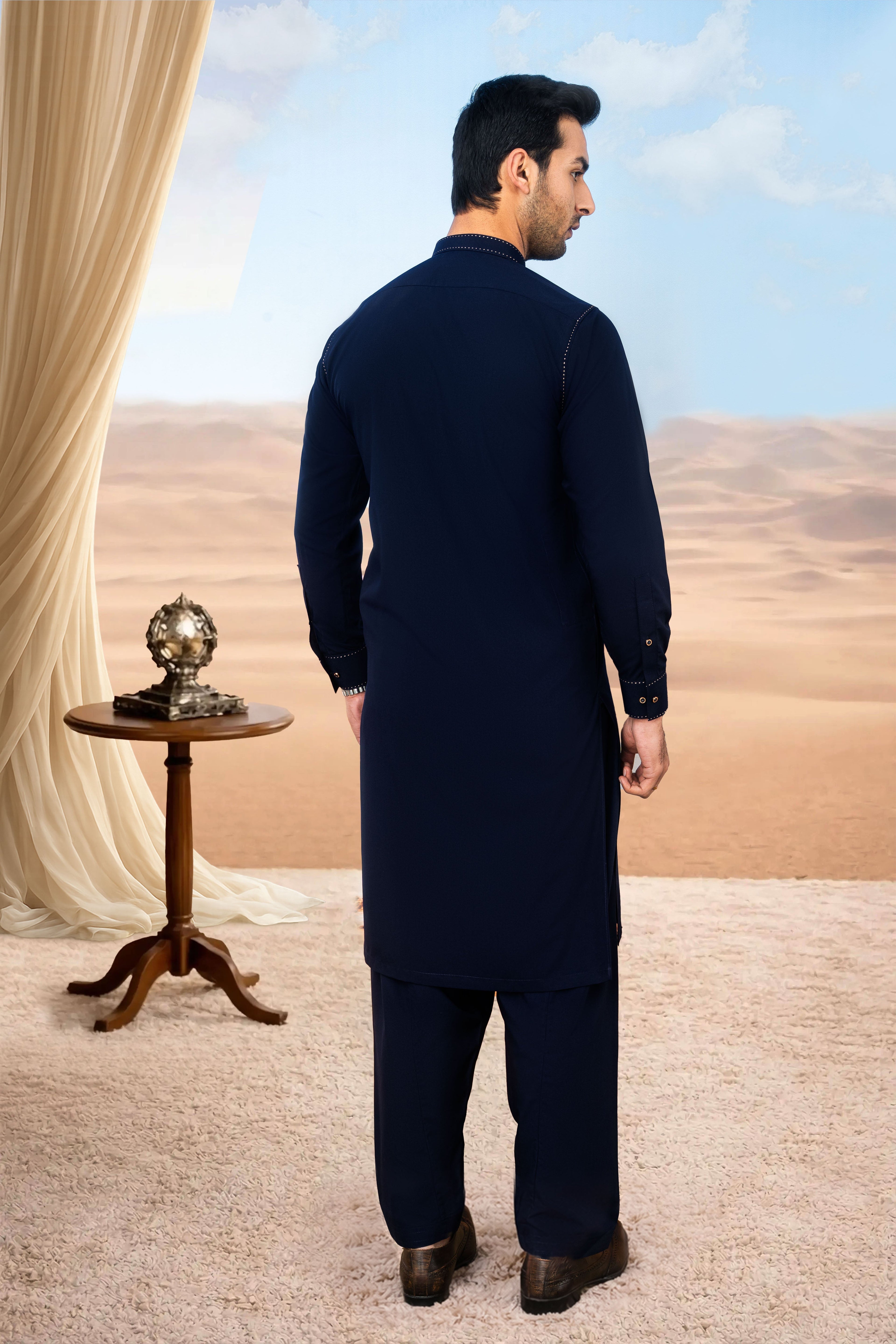 Stylish Kurta Shalwar with Thread Detailing - Navy Blue