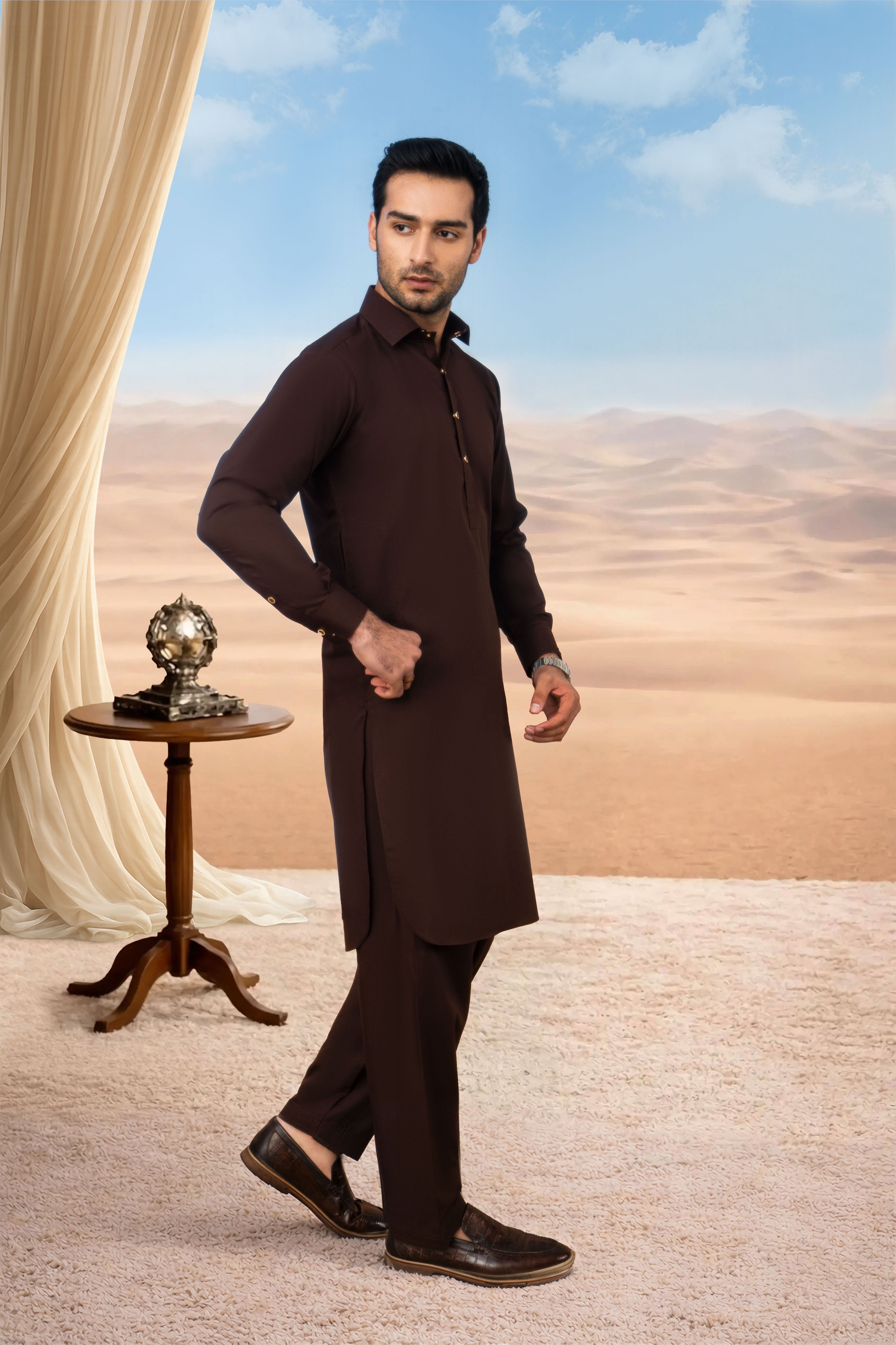 Classic Kameez Shalwar with Elegant Detailing - Chocolate Brown