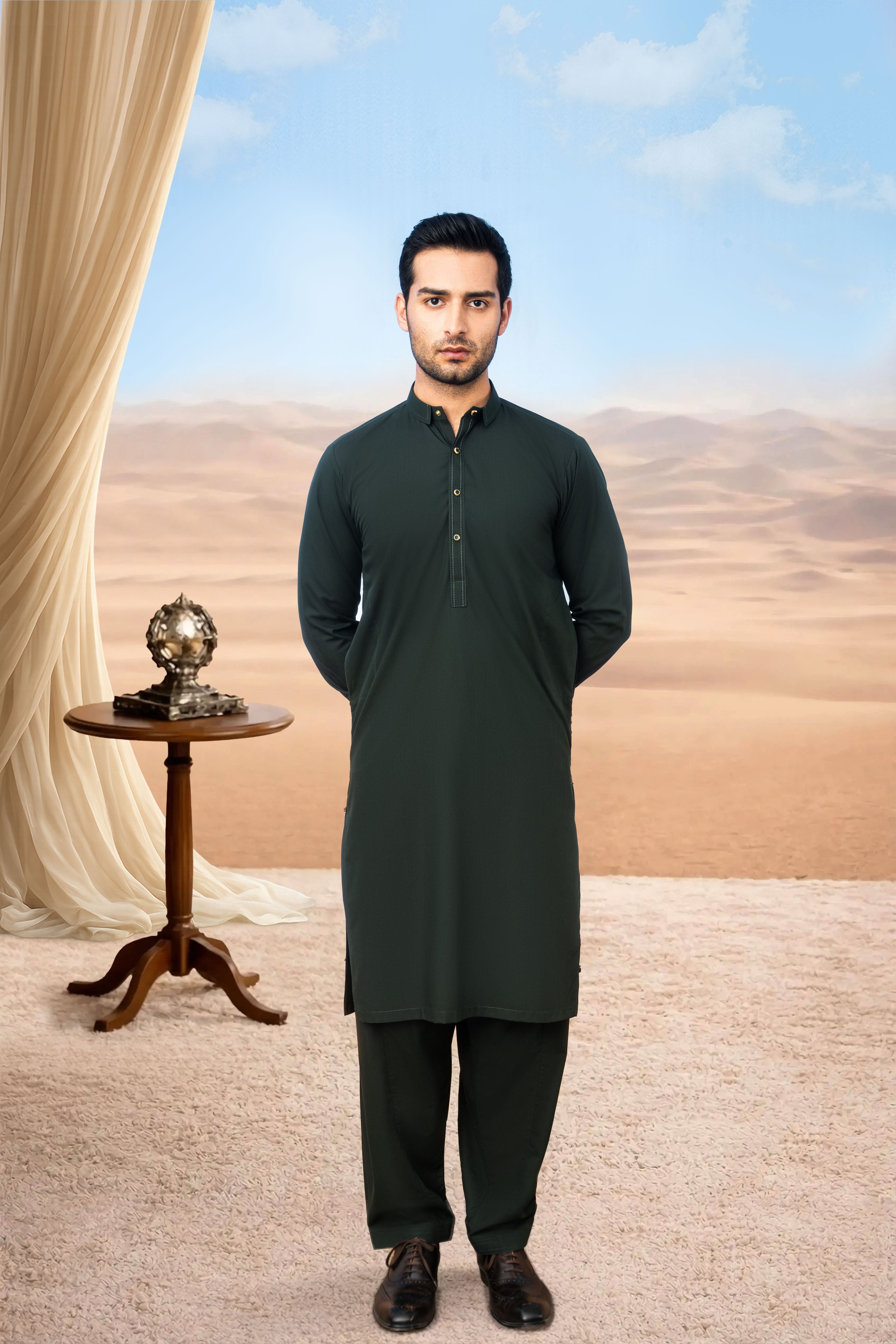 Elegant Short Collar Kameez Shalwar with Subtle Detailing -  Bottle Green