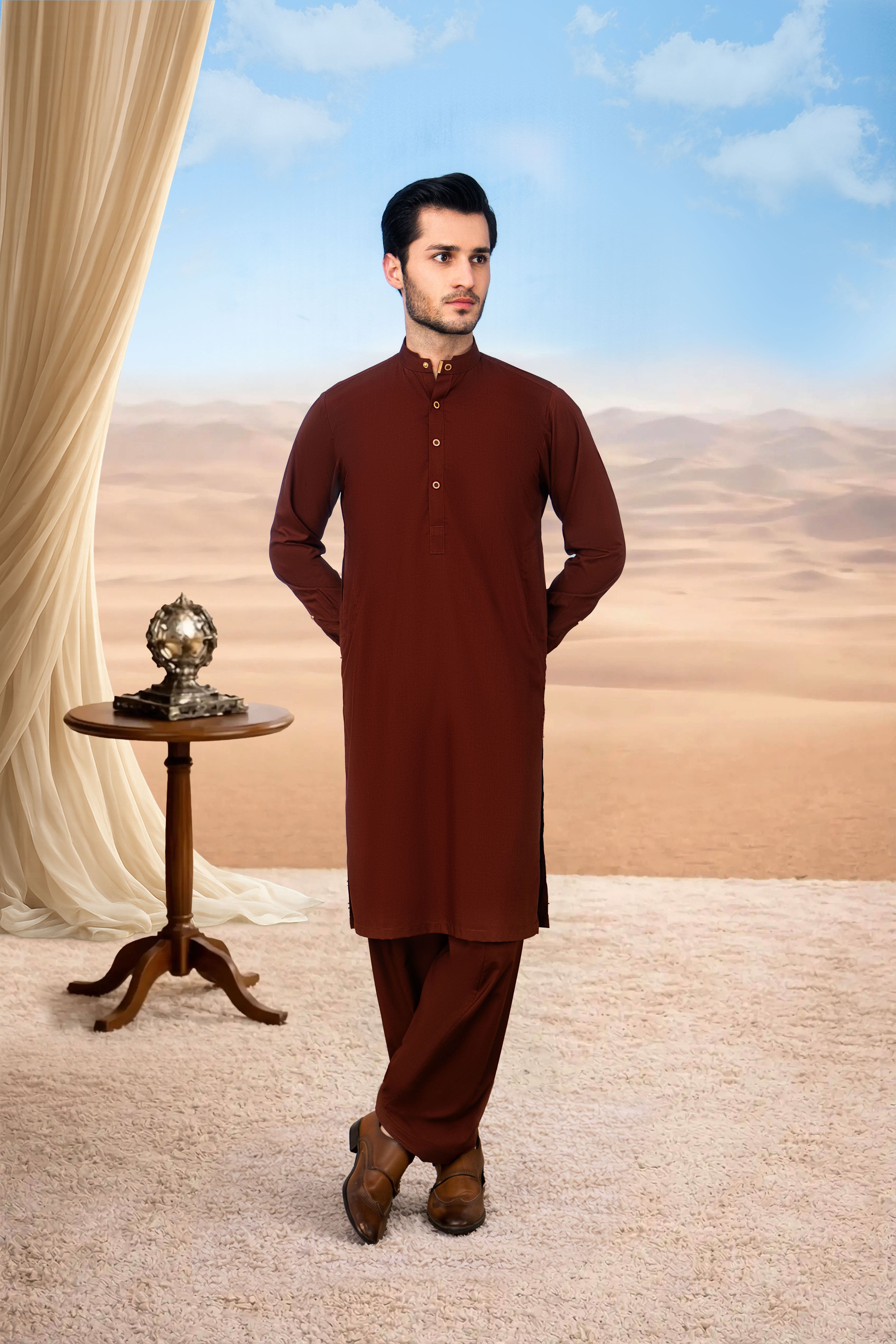 Classic Kurta Shalwar with Button Placket - Rust