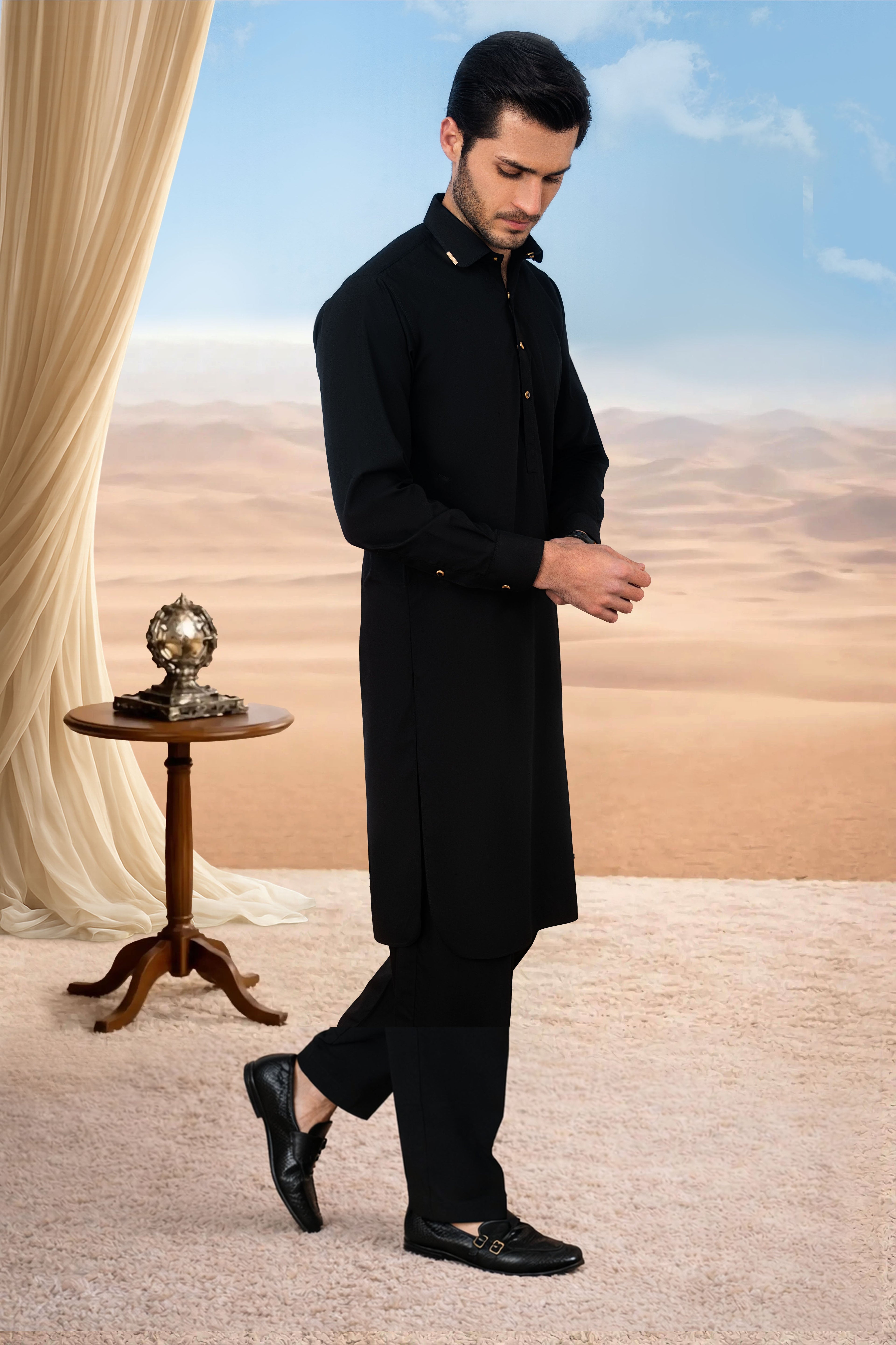 Sophisticated Kameez Shalwar with Gold Button Detailing - Black