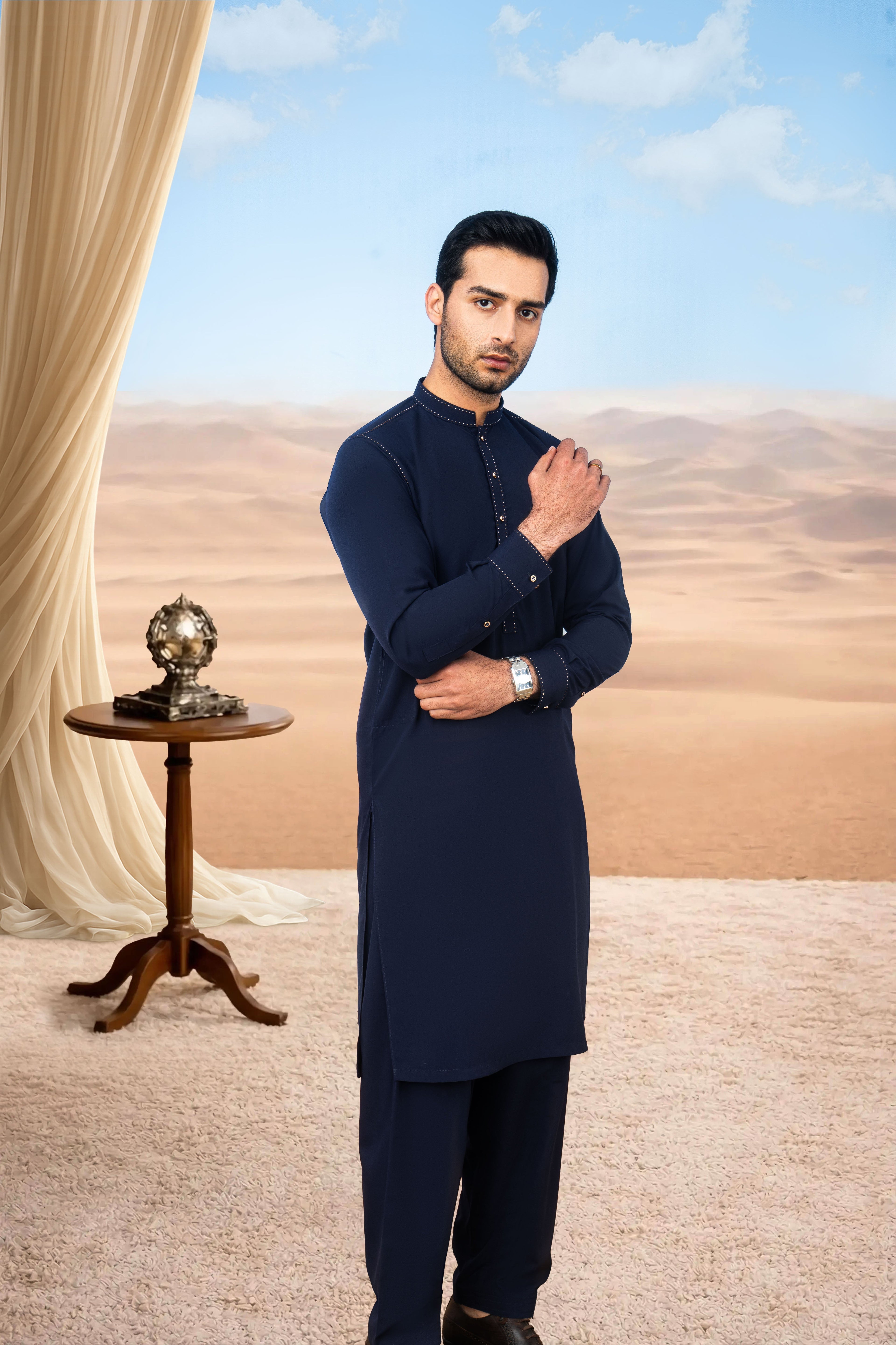 Stylish Kurta Shalwar with Thread Detailing - Navy Blue
