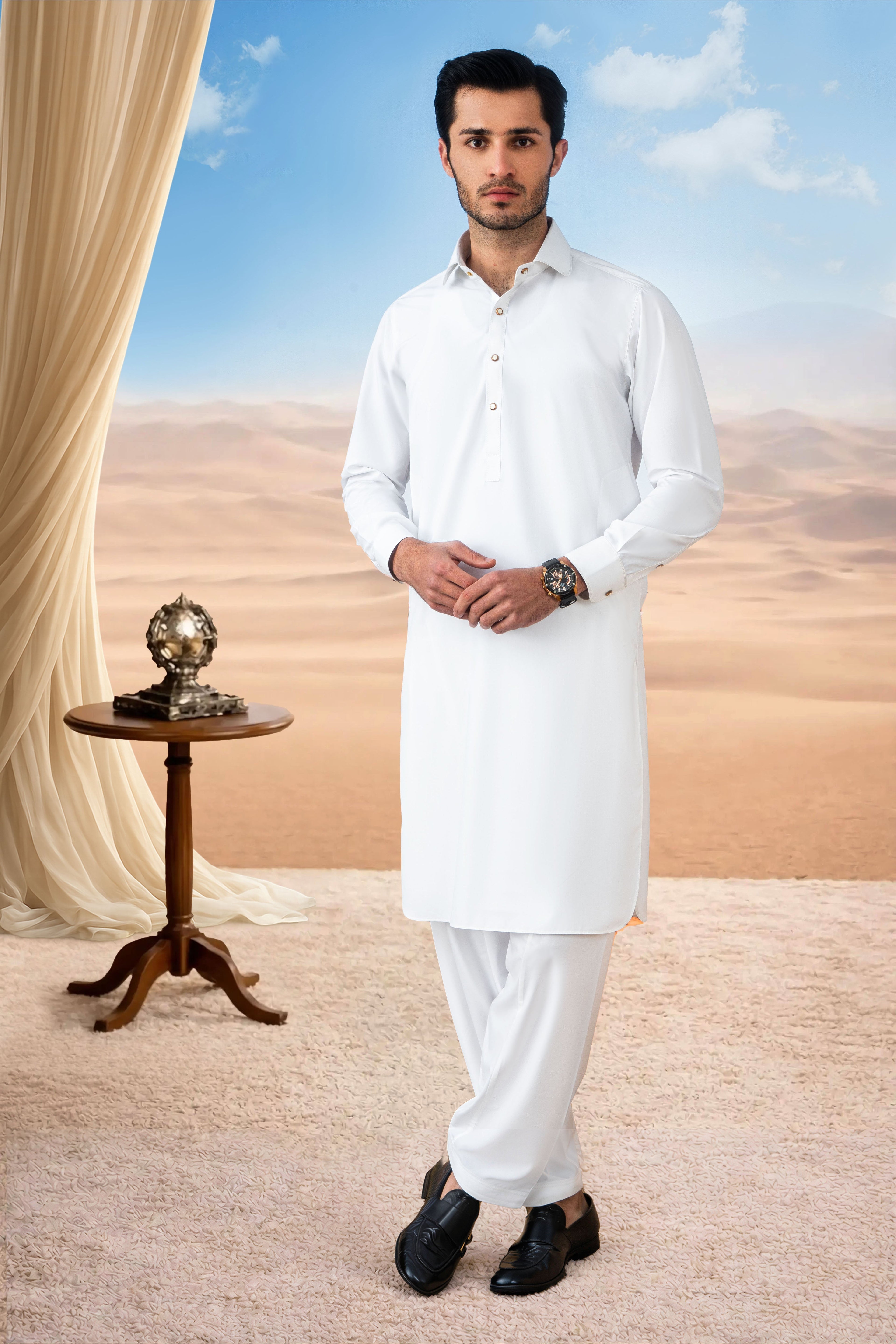 Premium Round Collar Kameez Shalwar with Button Detailing - Off White