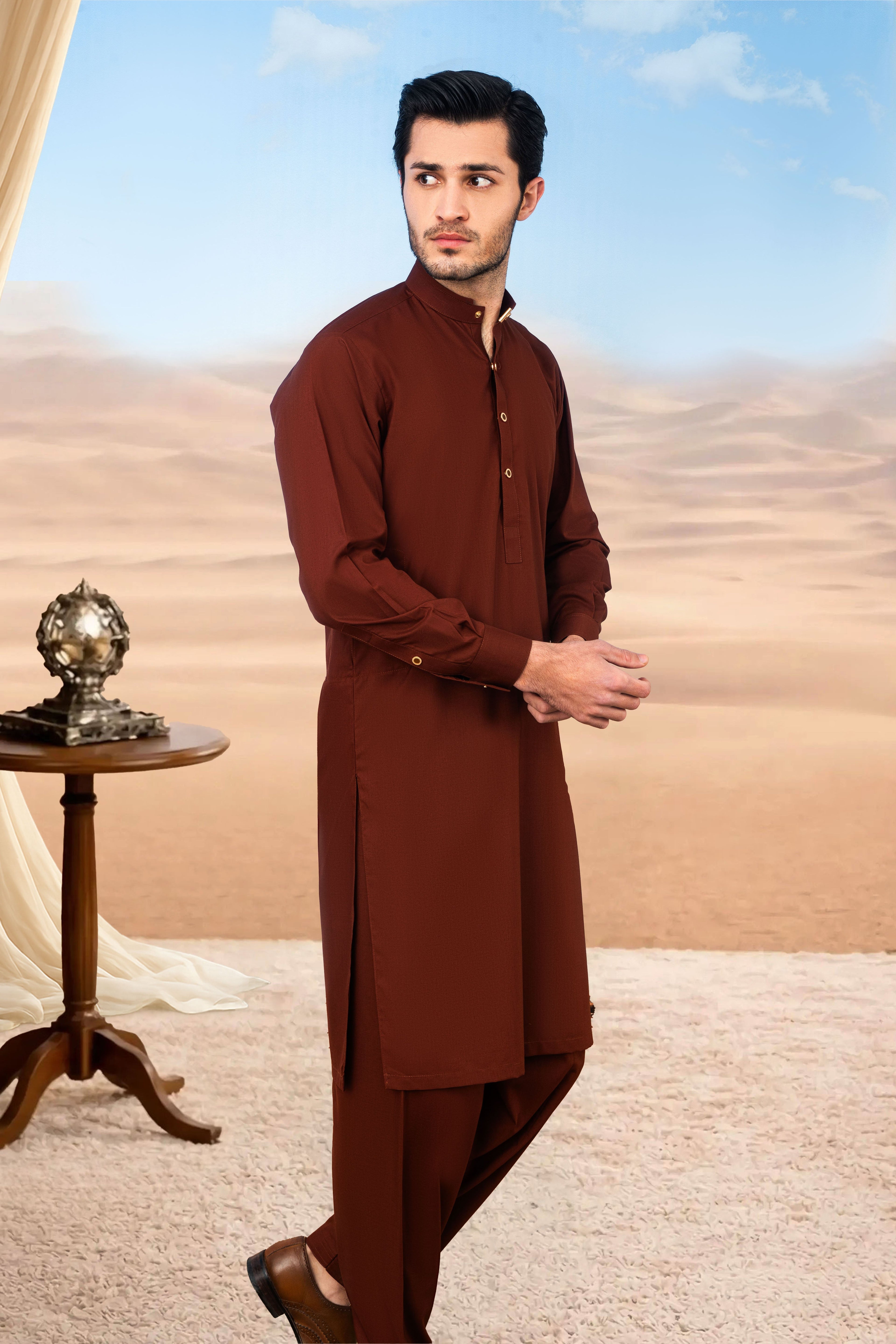 Classic Kurta Shalwar with Button Placket - Rust