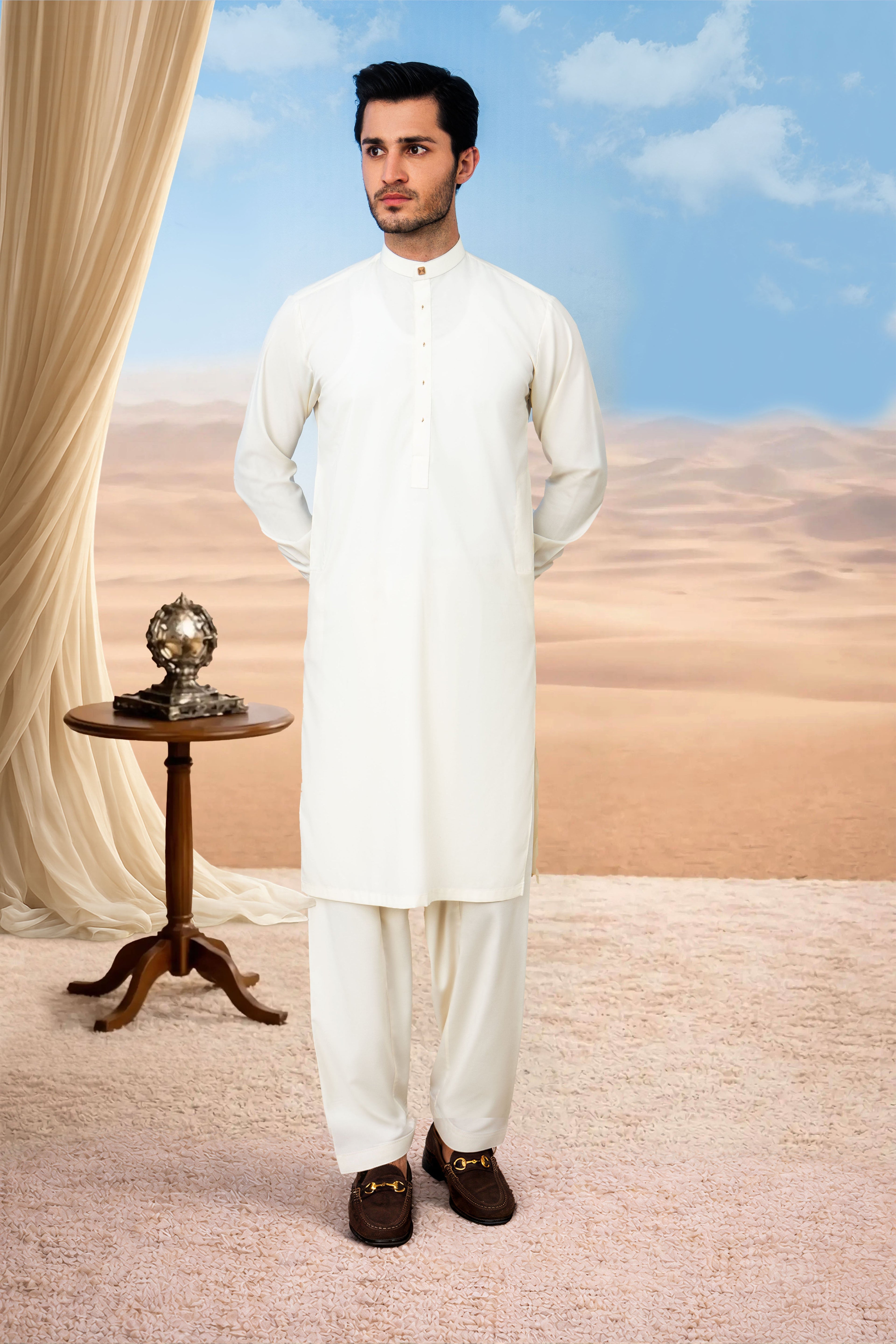Elegant Kurta Shalwar with Minimalist Detailing - Cream Boski