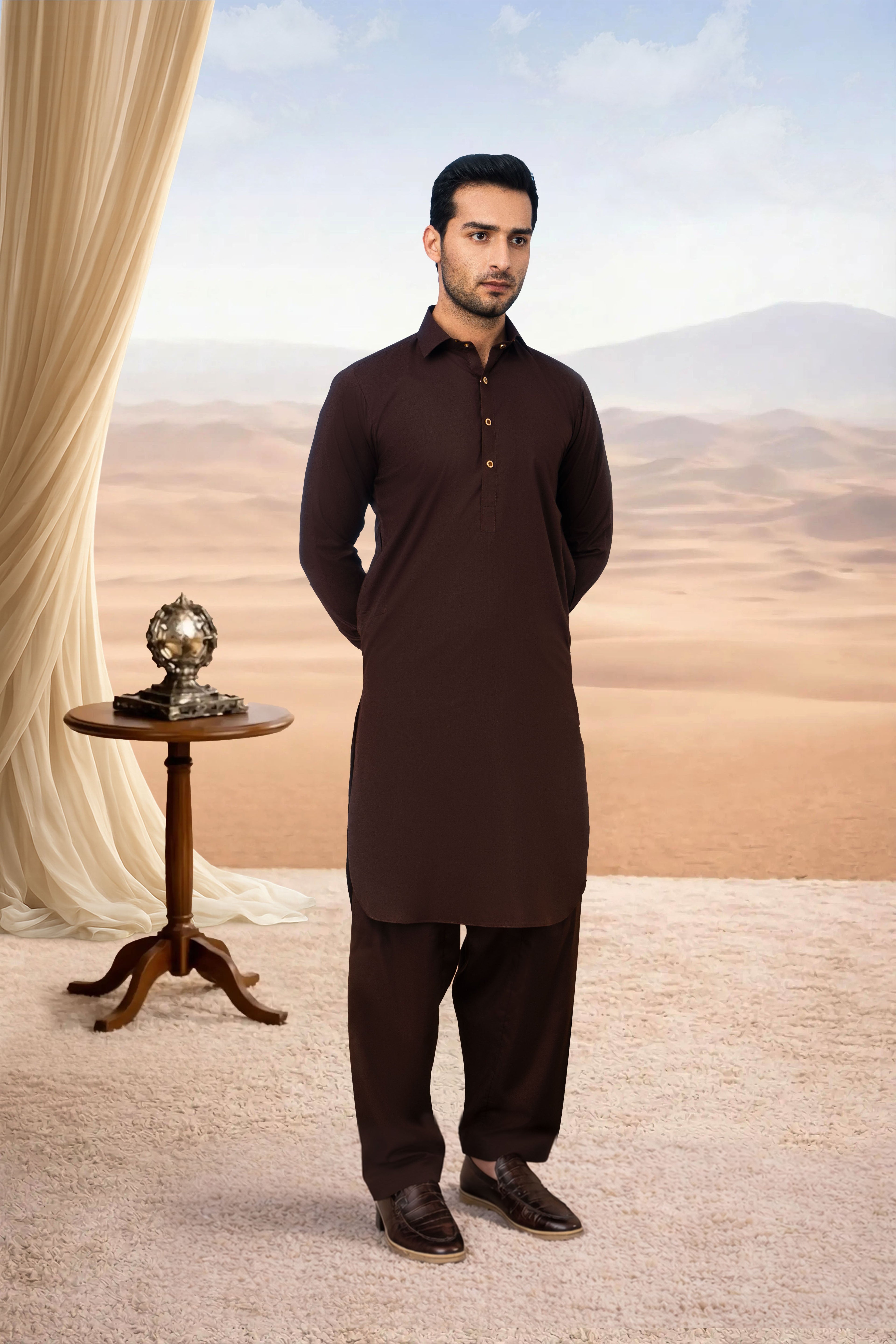 Classic Kameez Shalwar with Elegant Detailing - Chocolate Brown