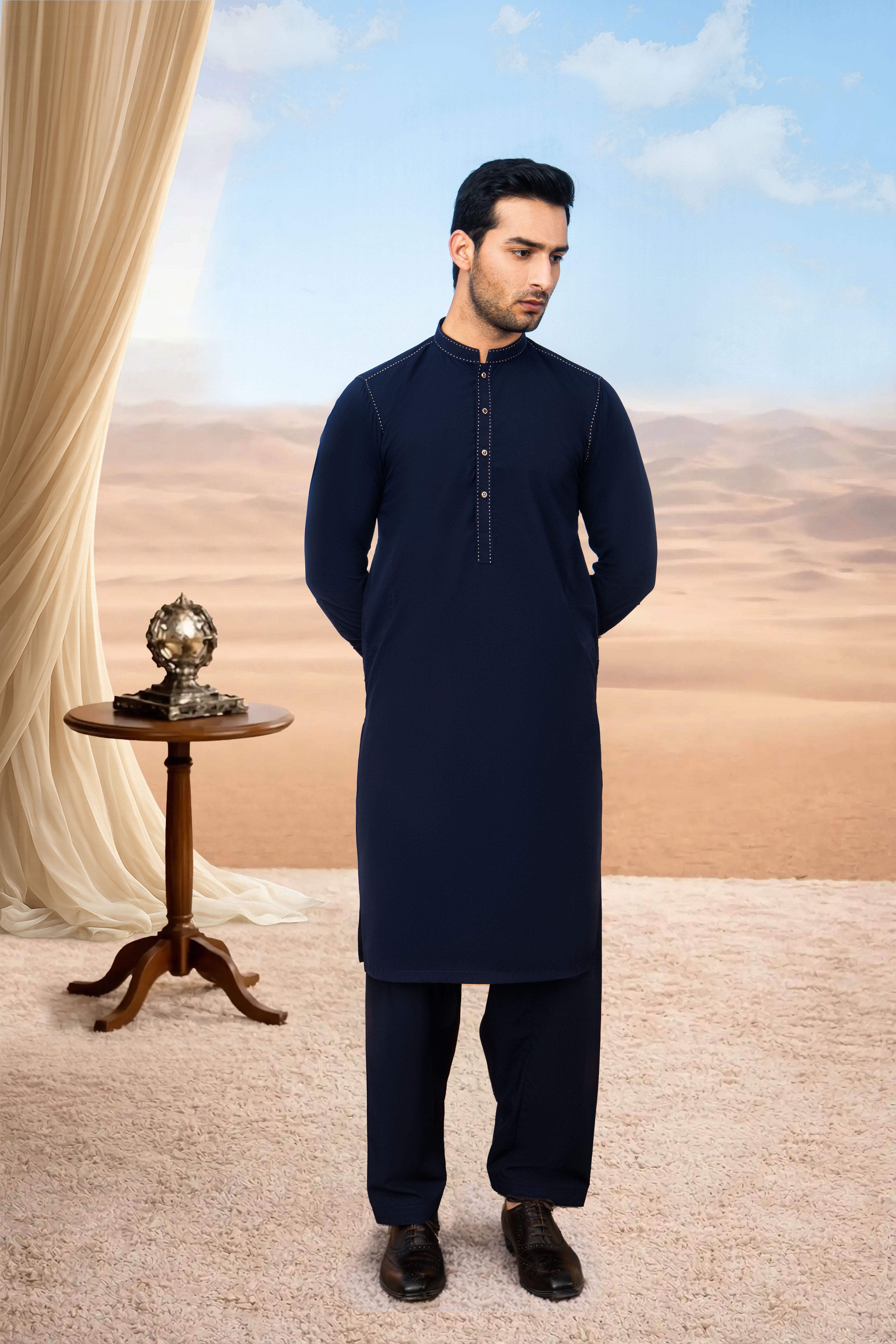 Stylish Kurta Shalwar with Thread Detailing - Navy Blue