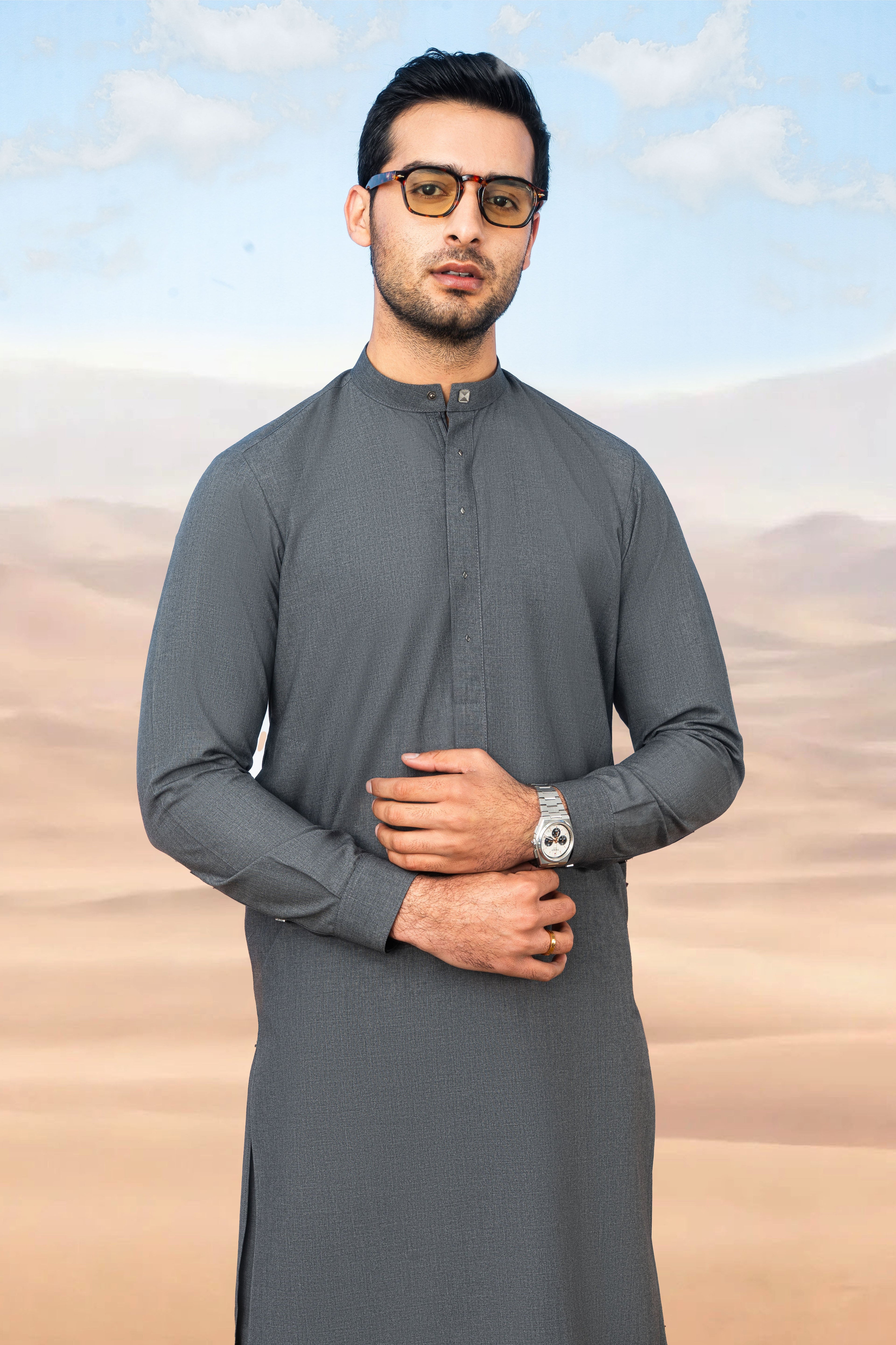 Elegant Wool Kurta Shalwar with Stylish Placket - Grey