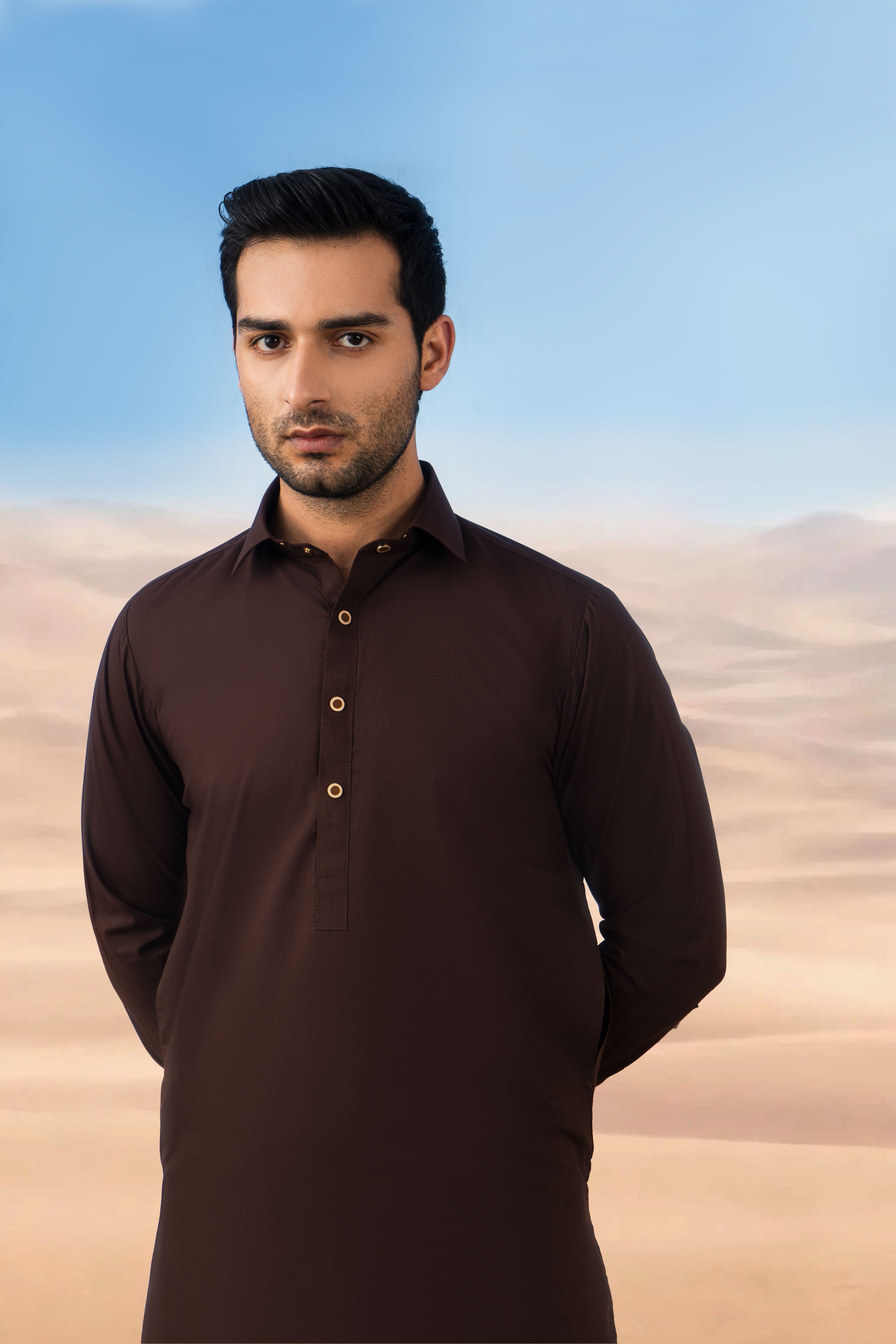 Classic Kameez Shalwar with Elegant Detailing - Chocolate Brown