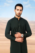 Elegant Short Collar Kameez Shalwar with Subtle Detailing -  Bottle Green