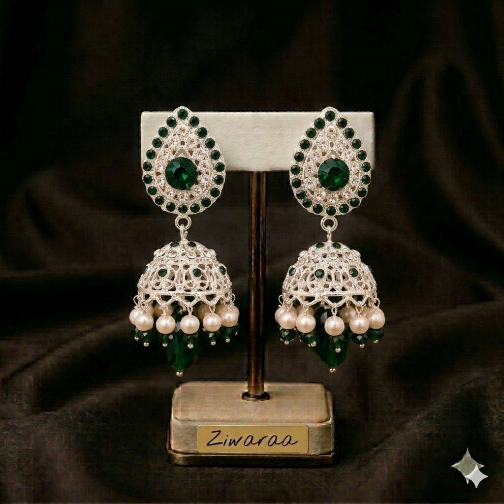 Emerald Filigree Jhumka Earrings
