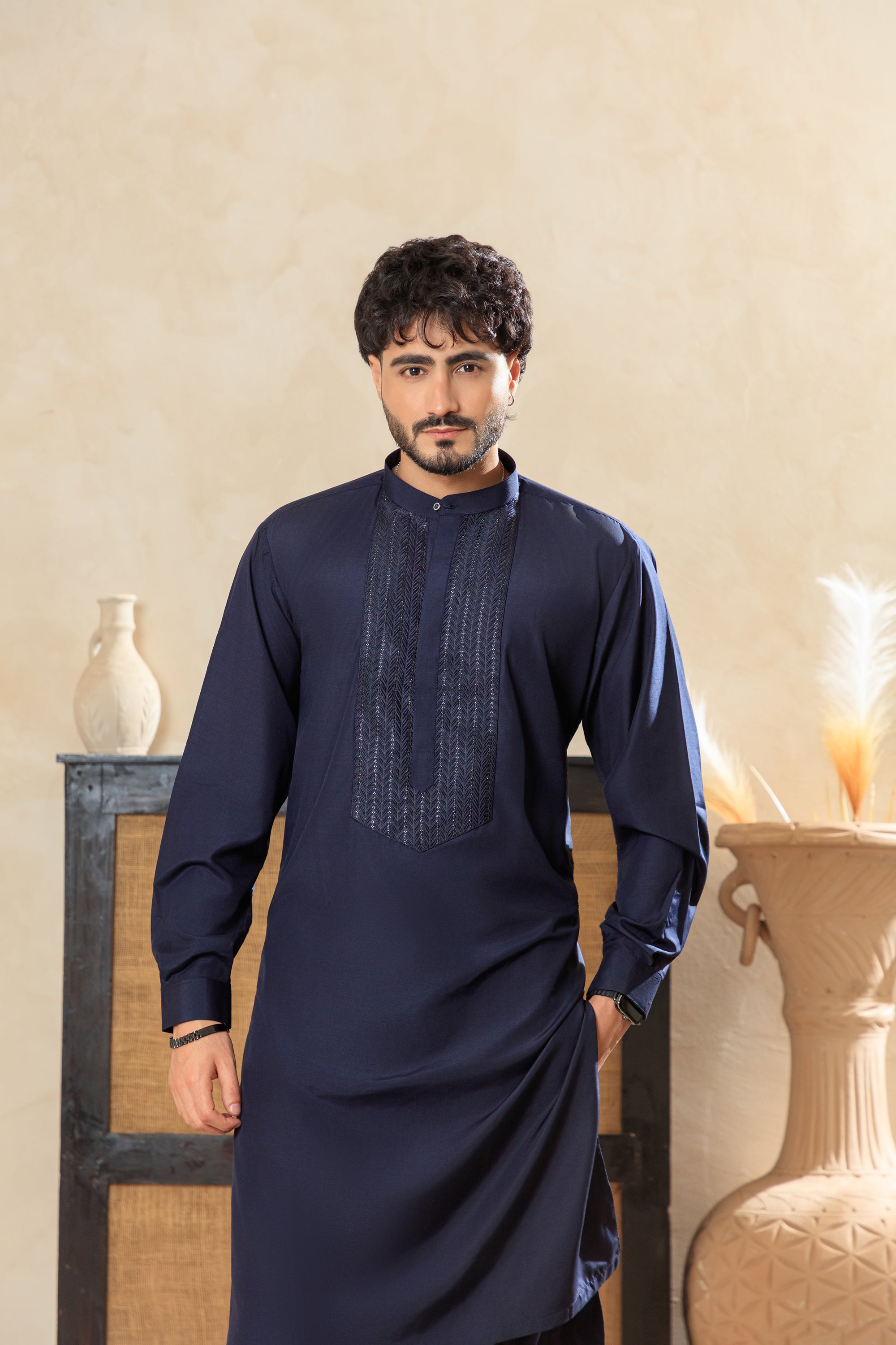 Classic Kurta Trouser with Embroidered Panel - Navy Blue