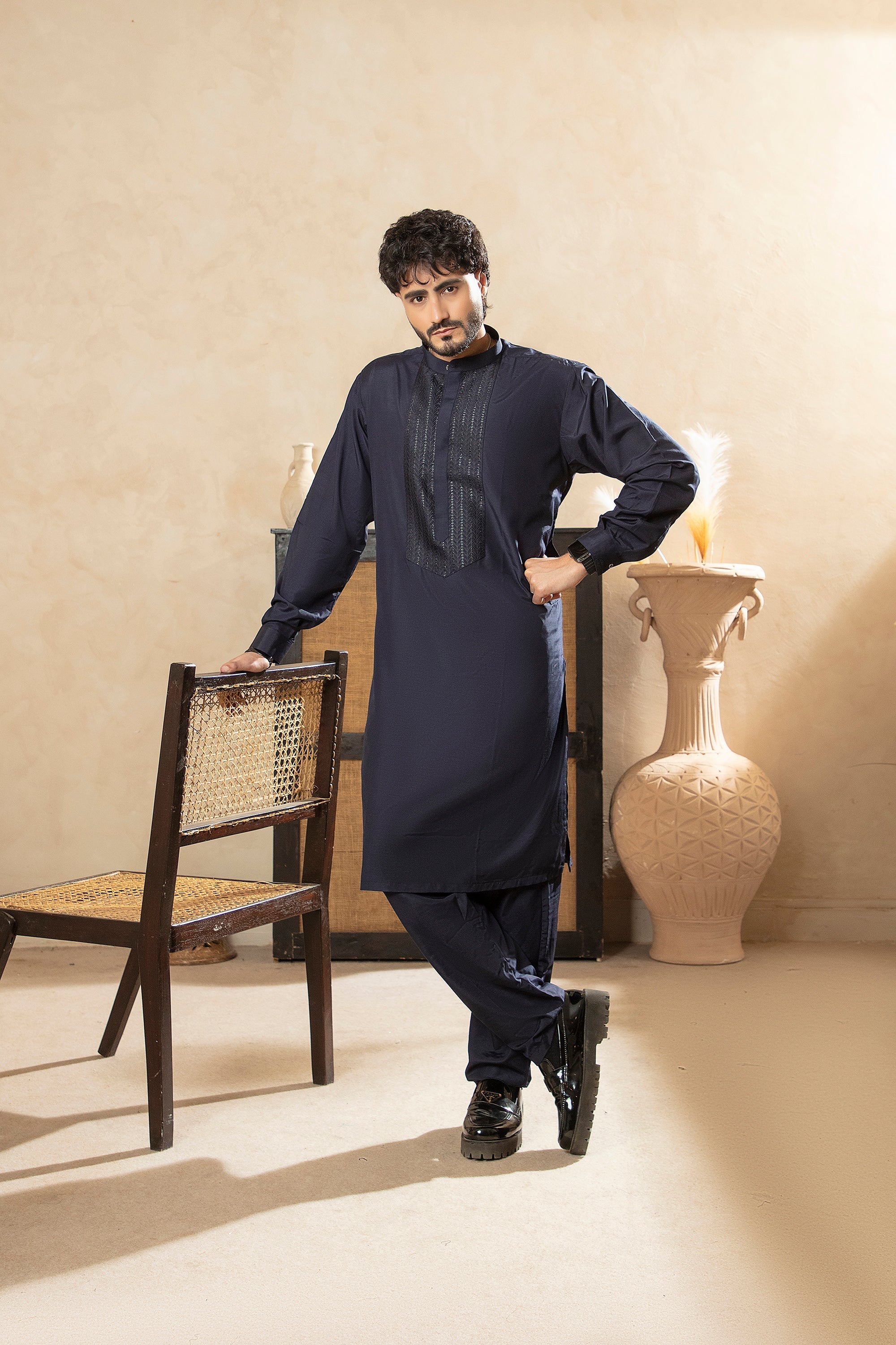 Classic Kurta Trouser with Embroidered Panel - Navy Blue