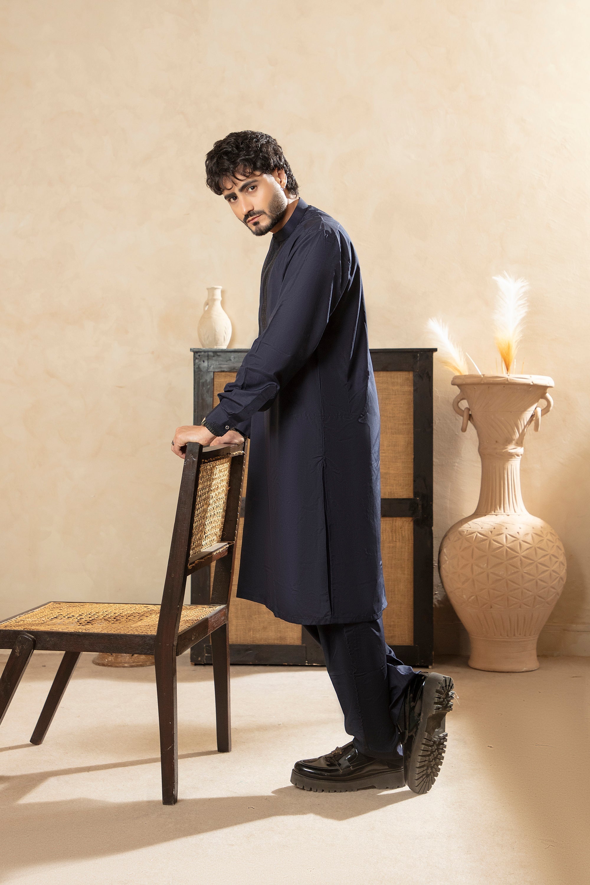 Classic Kurta Trouser with Embroidered Panel - Navy Blue