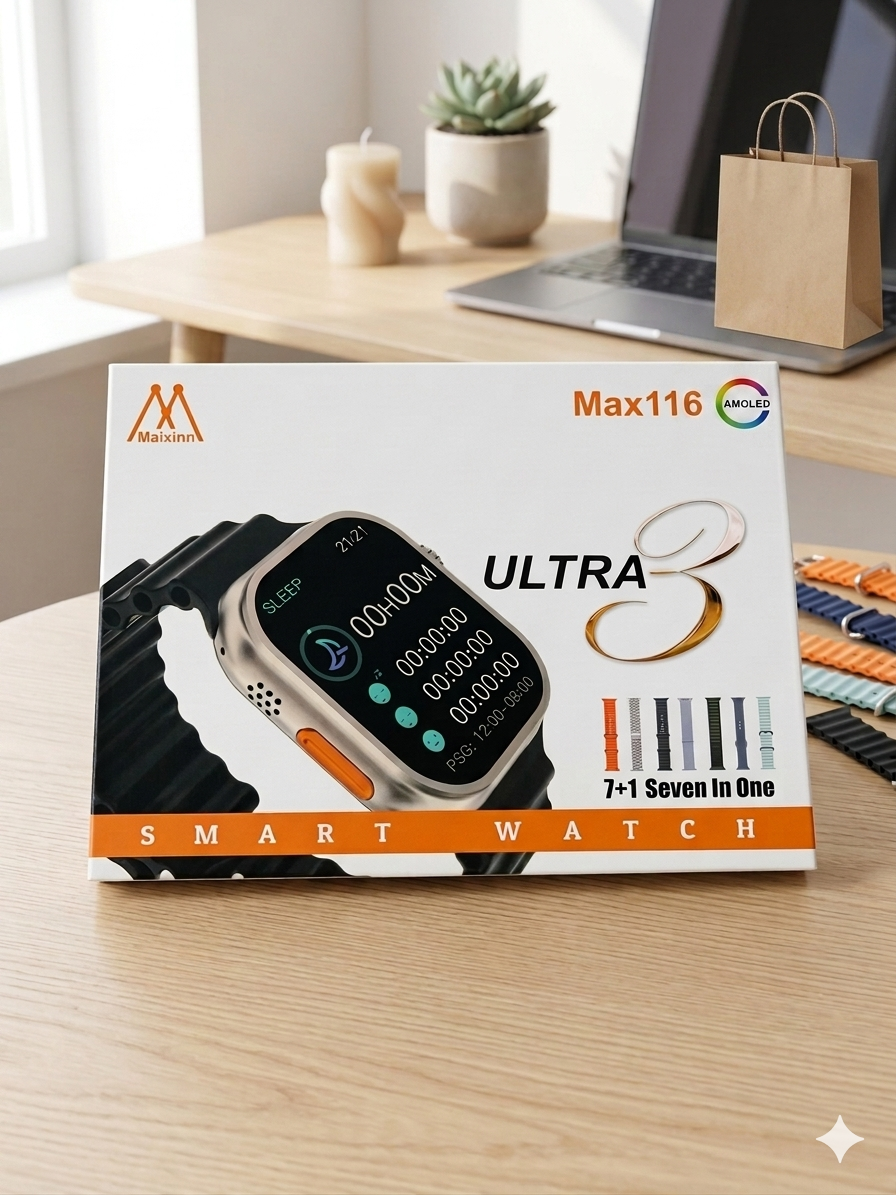 Maixinn Max116 Ultra 3 Smart Watch – 49mm Space Aluminum Case with 7-in-1 Interchangeable Strap Combo (AMOLED Display)