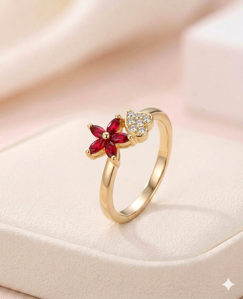 Crimson Floral & Heart Adjustable Ring