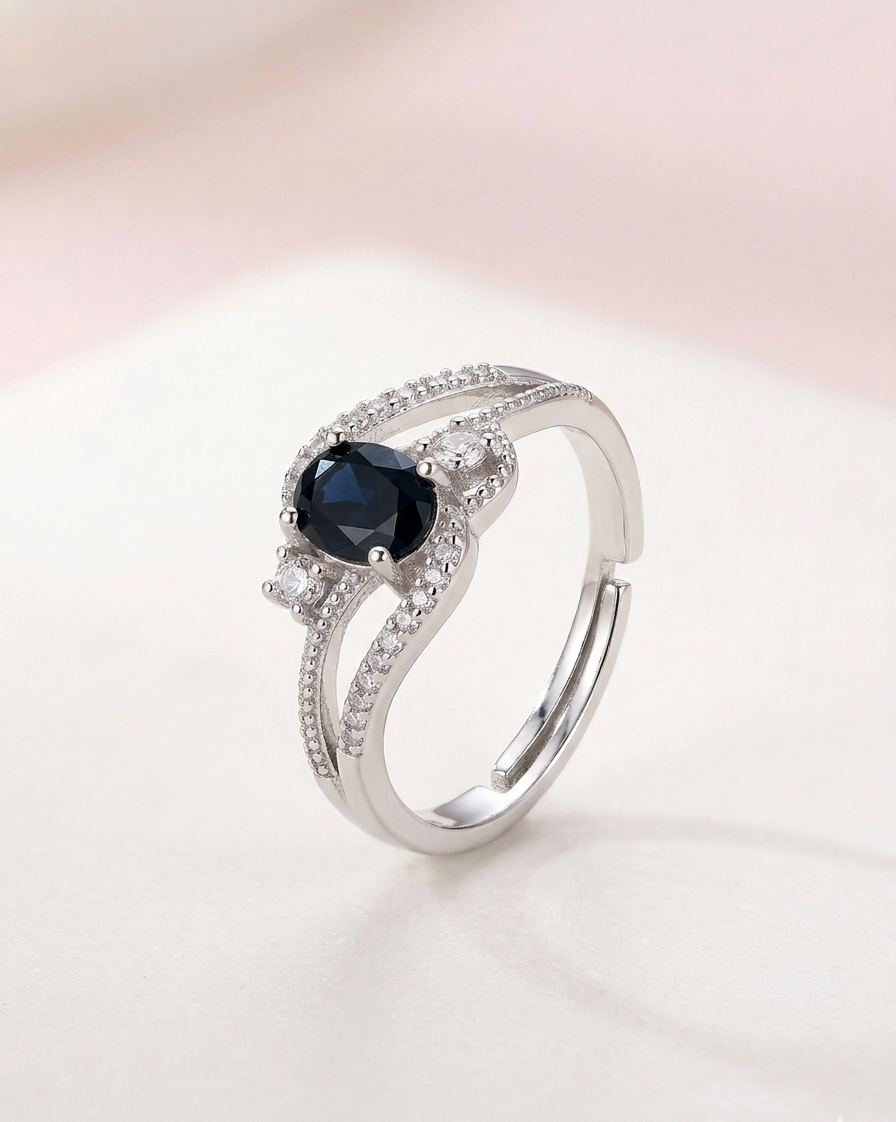 Sapphire Navy Split-Shank Adjustable Ring – Silver [S925] with Oval Cut Center Stone & Crystal Pavé Accents