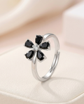Midnight Bloom Adjustable Floral Ring – Silver [S925] with Onyx-Black Pear-Cut Petals