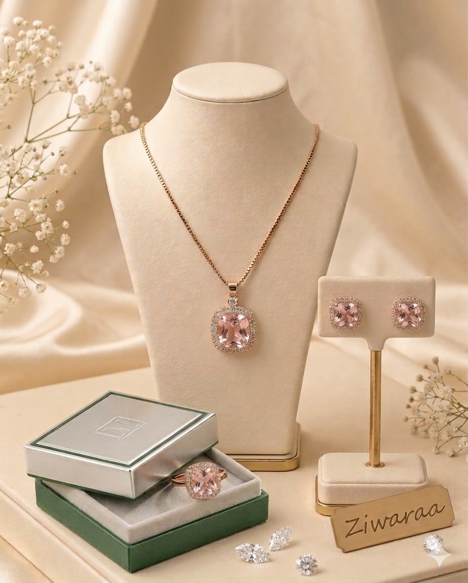 Blush Morganite Halo Jewelry Set