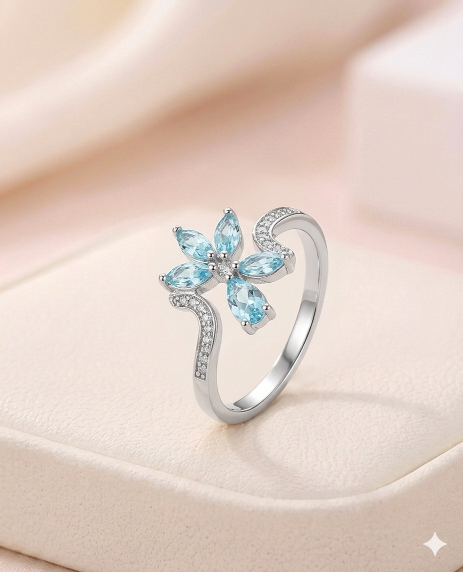 Aqua Blossom Wave Adjustable Ring