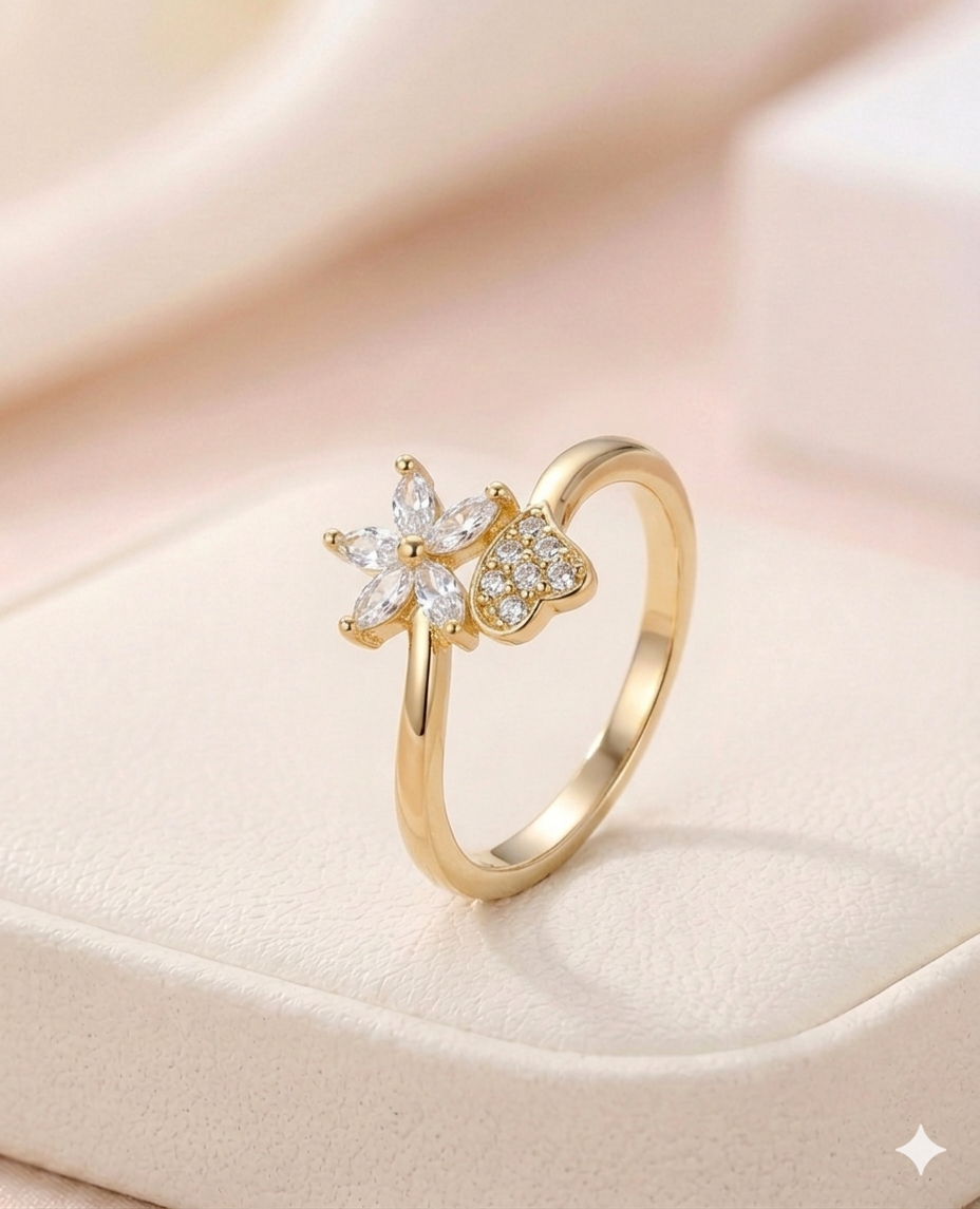 Sparkling Flower &amp; Heart Adjustable Ring