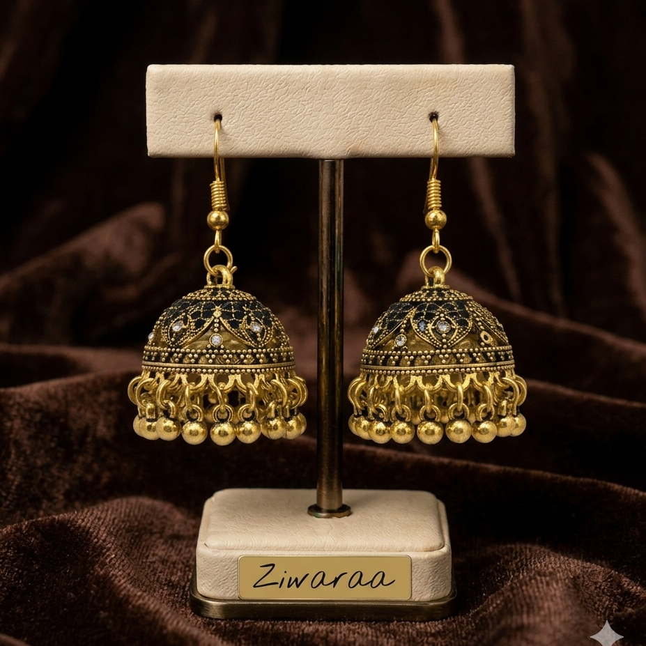 Antique Gold & Midnight Filigree Jhumka Earrings