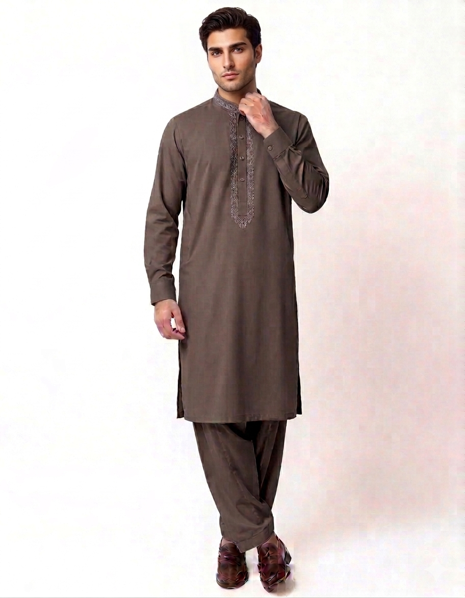 Men’s Premium Coffee Brown Embroidered Kurta Shalwar Suit