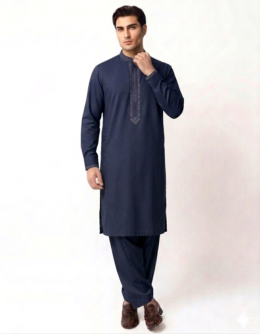 Men’s Premium Navy Blue Embroidered Kurta Shalwar Suit