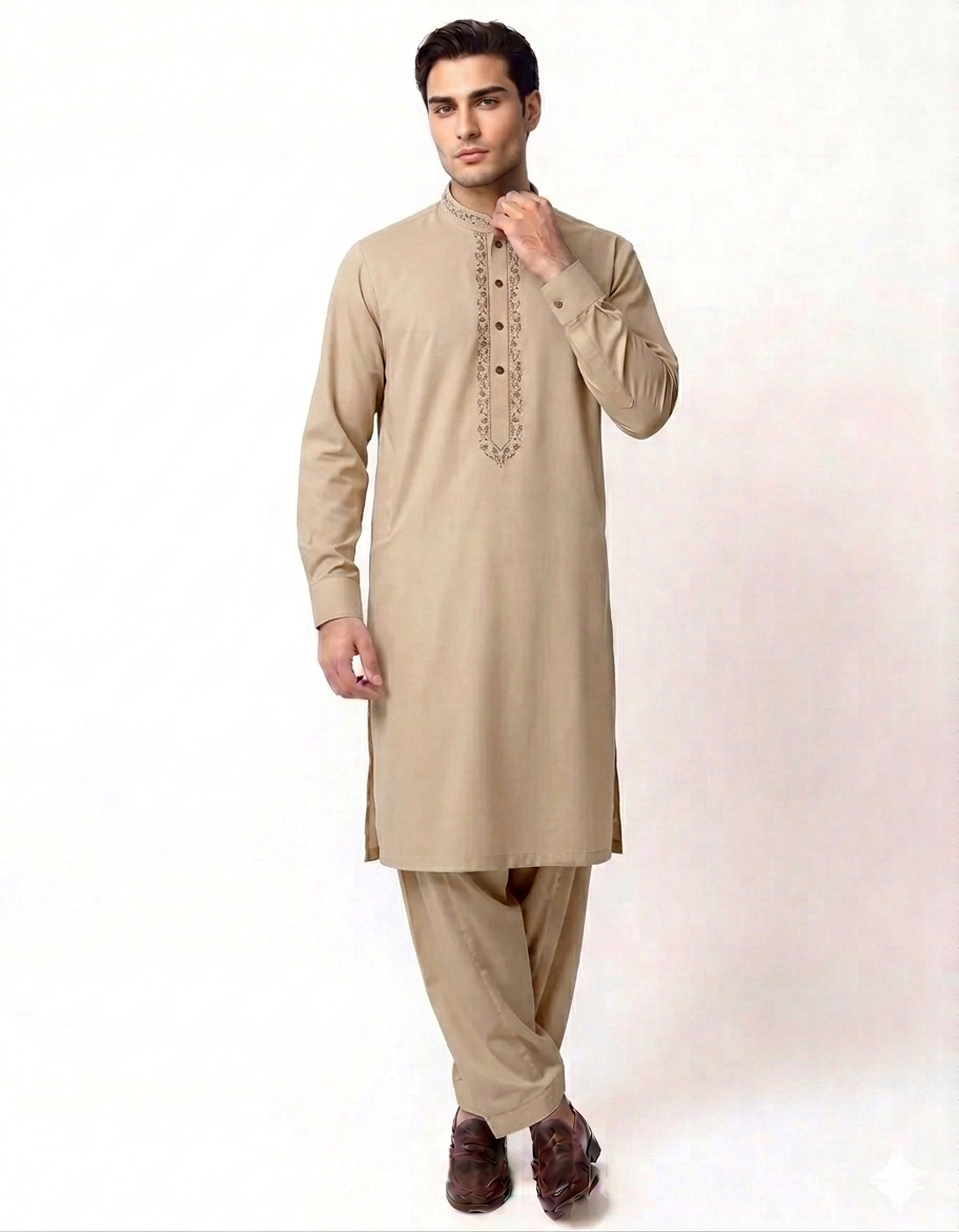 Men’s Premium Beige Embroidered Kurta Shalwar Suit