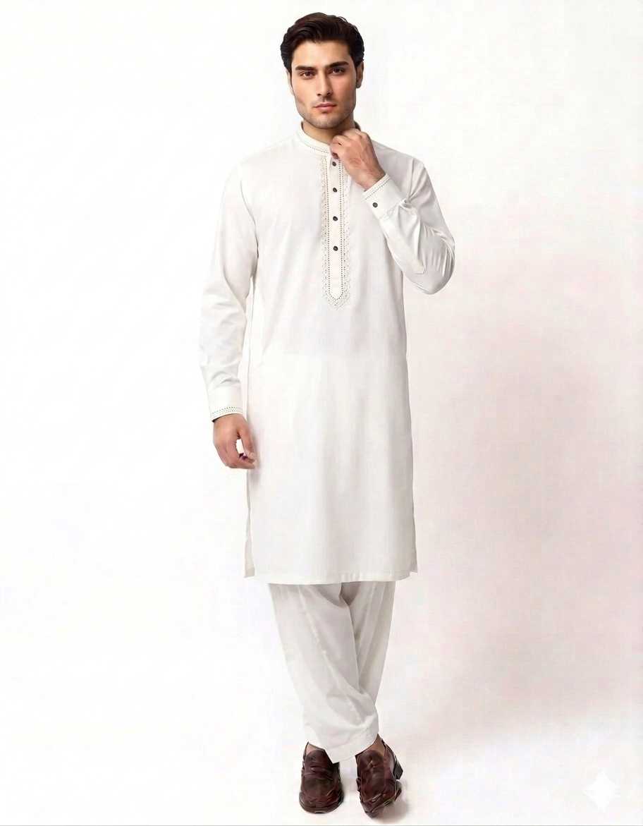 Classic Off-White Embroidered Kurta Shalwar Suit for Men