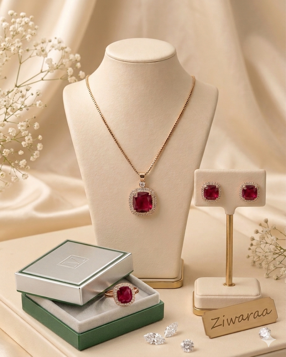 Crimson Elegance Halo Jewelry Set