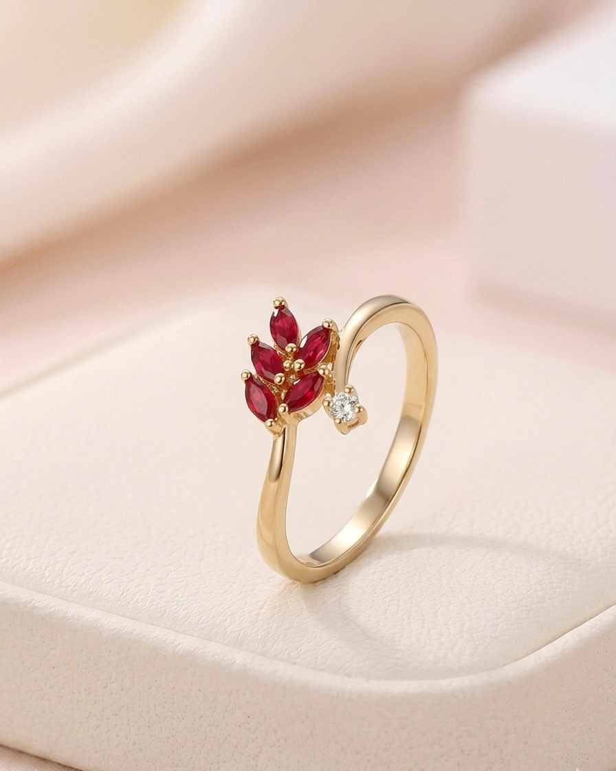 Ruby Red Leaf Adjustable Ring