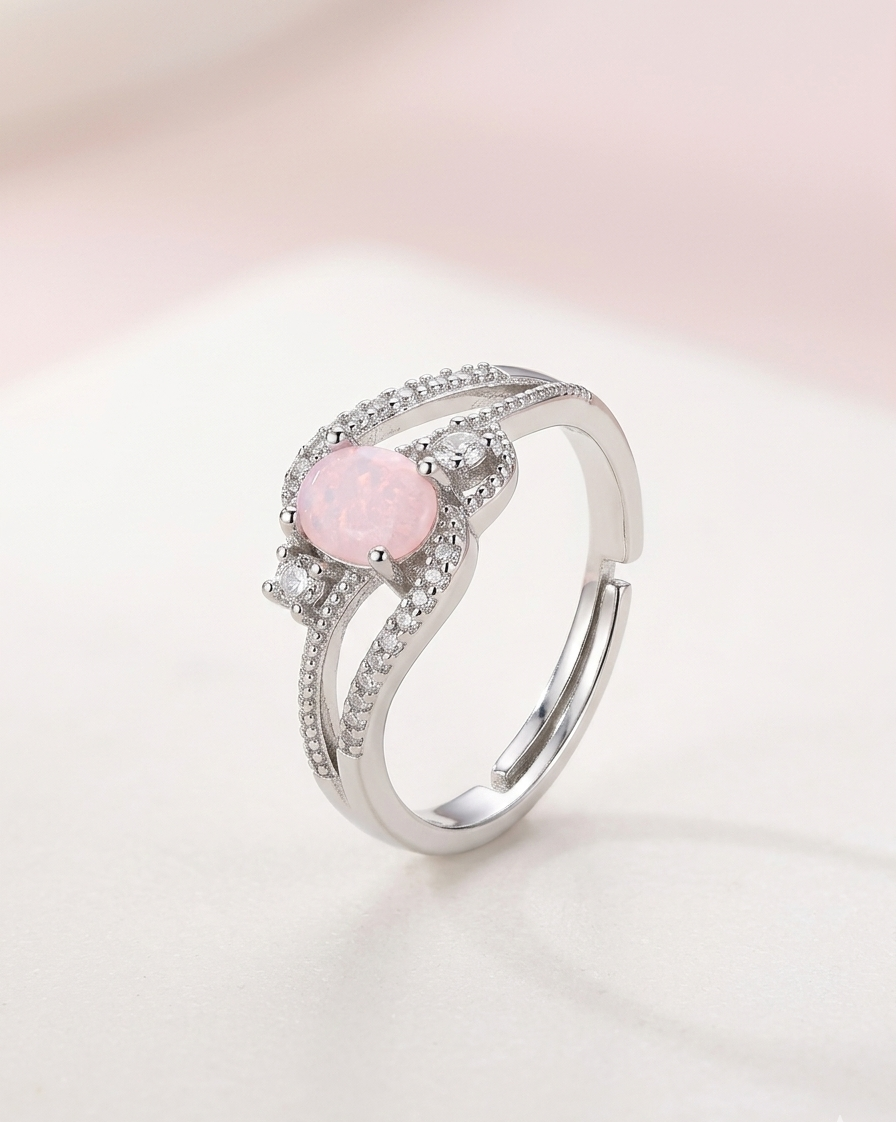 Minimalist Pink Opal & Crystal Criss-Cross Statement Ring