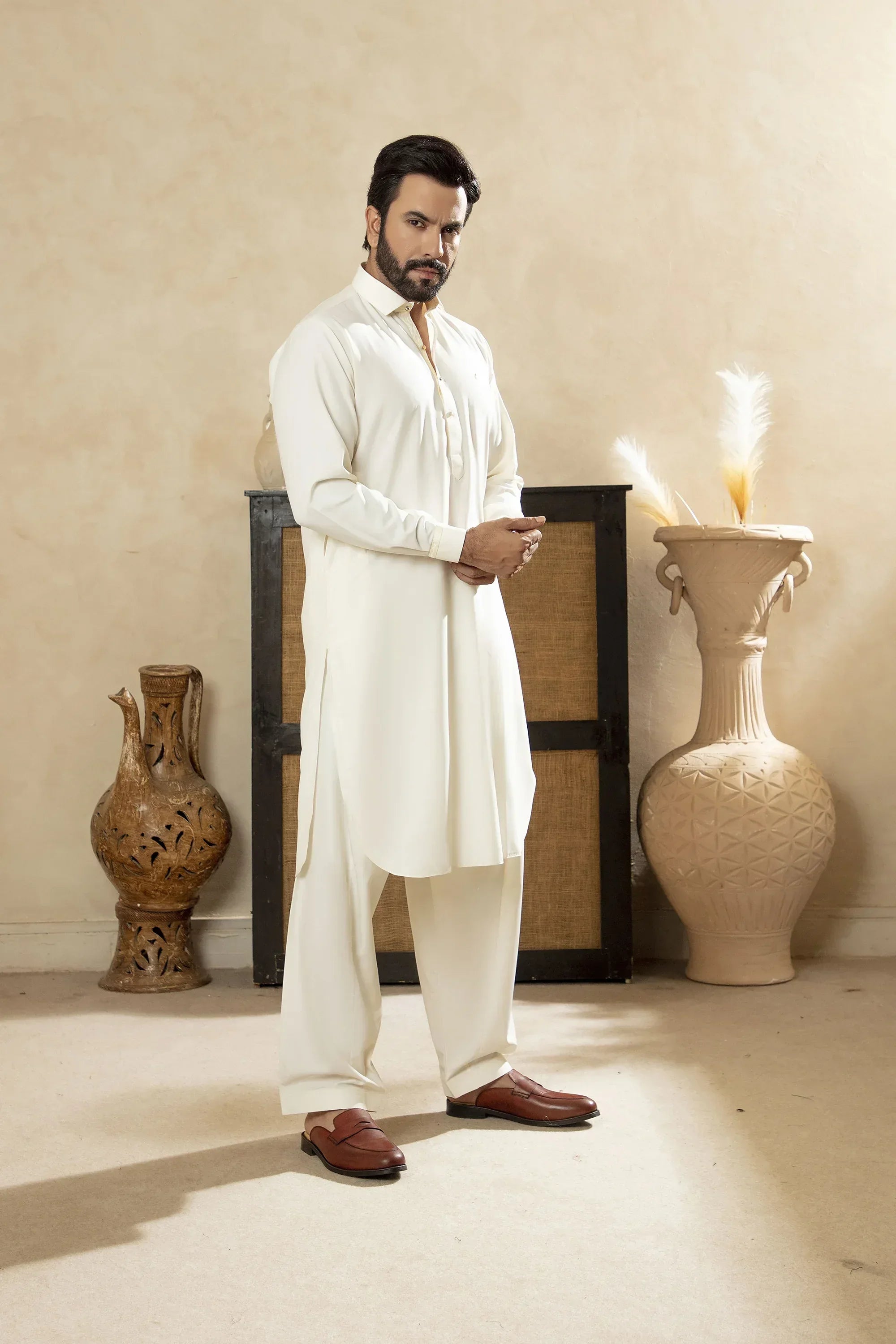 Premium Boski Kameez Shalwar With With Metal Buttons - Cream