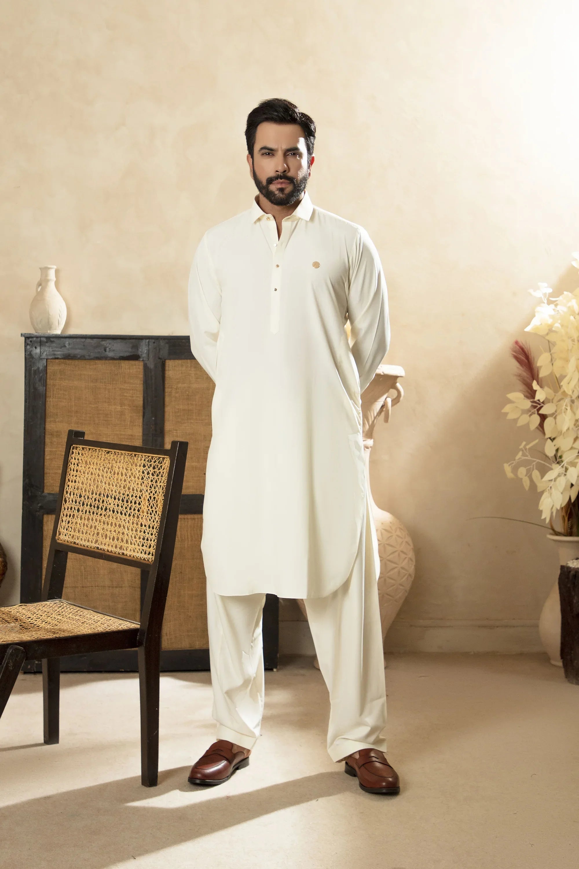 Premium Boski Kameez Shalwar With With Metal Buttons - Cream