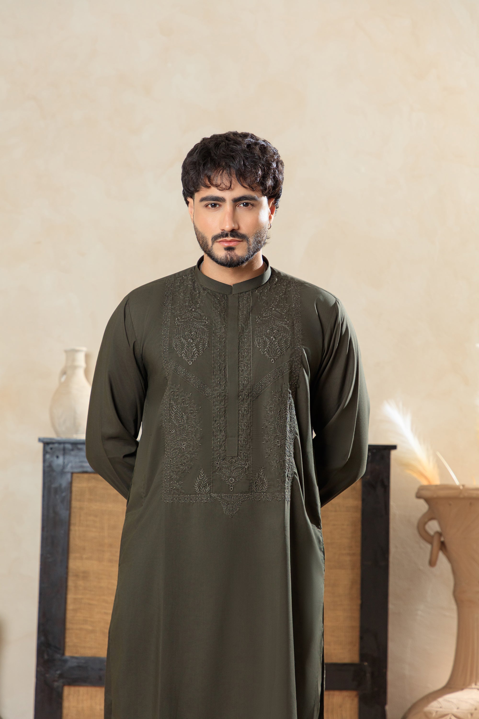 Premium Embroidered Kurta Trouser - Olive Green