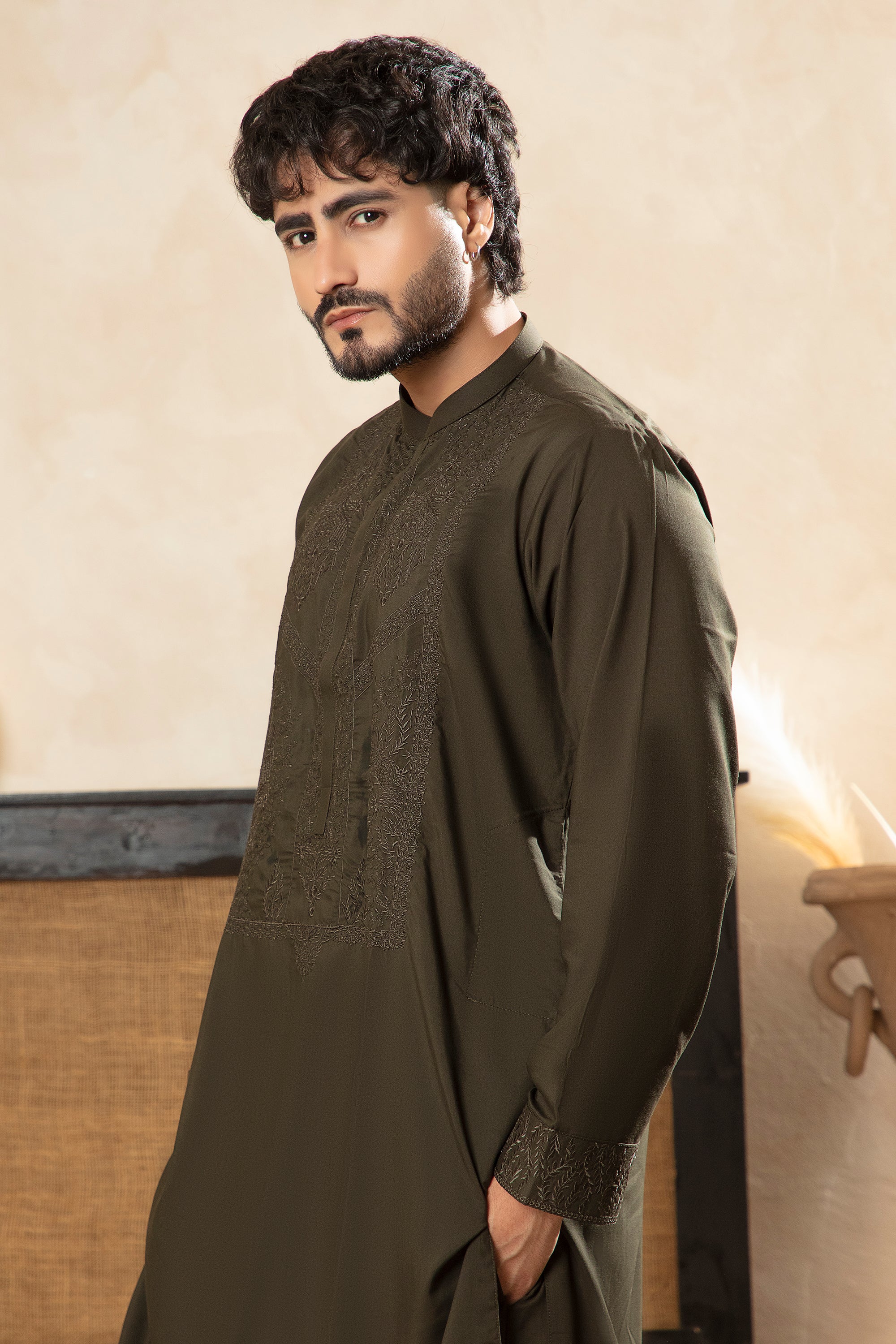 Premium Embroidered Kurta Trouser - Olive Green