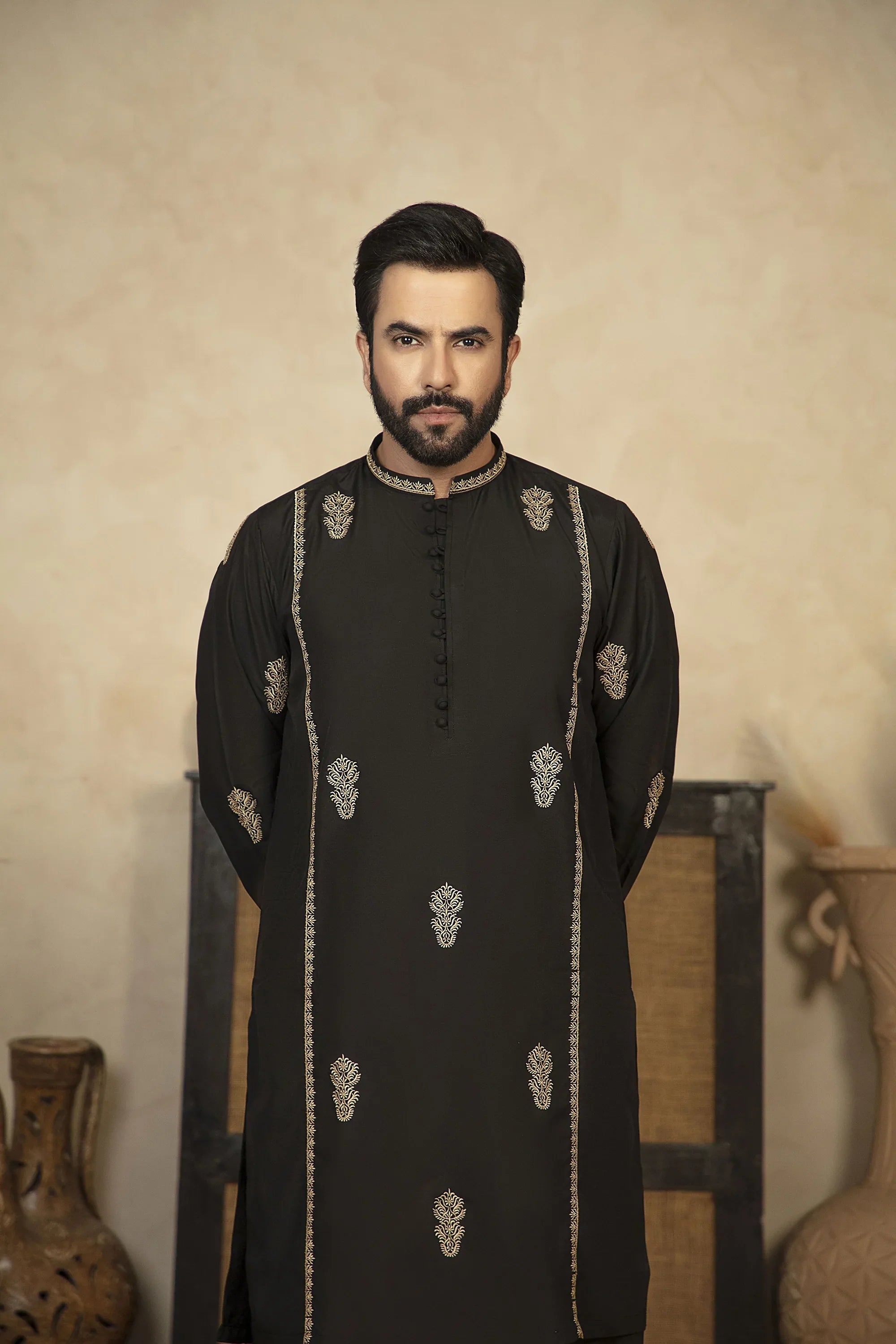 Premium Embroidered Kurta Trouser With Golden Thread Detailing - Black