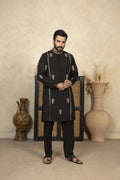 Premium Embroidered Kurta Trouser With Golden Thread Detailing - Black