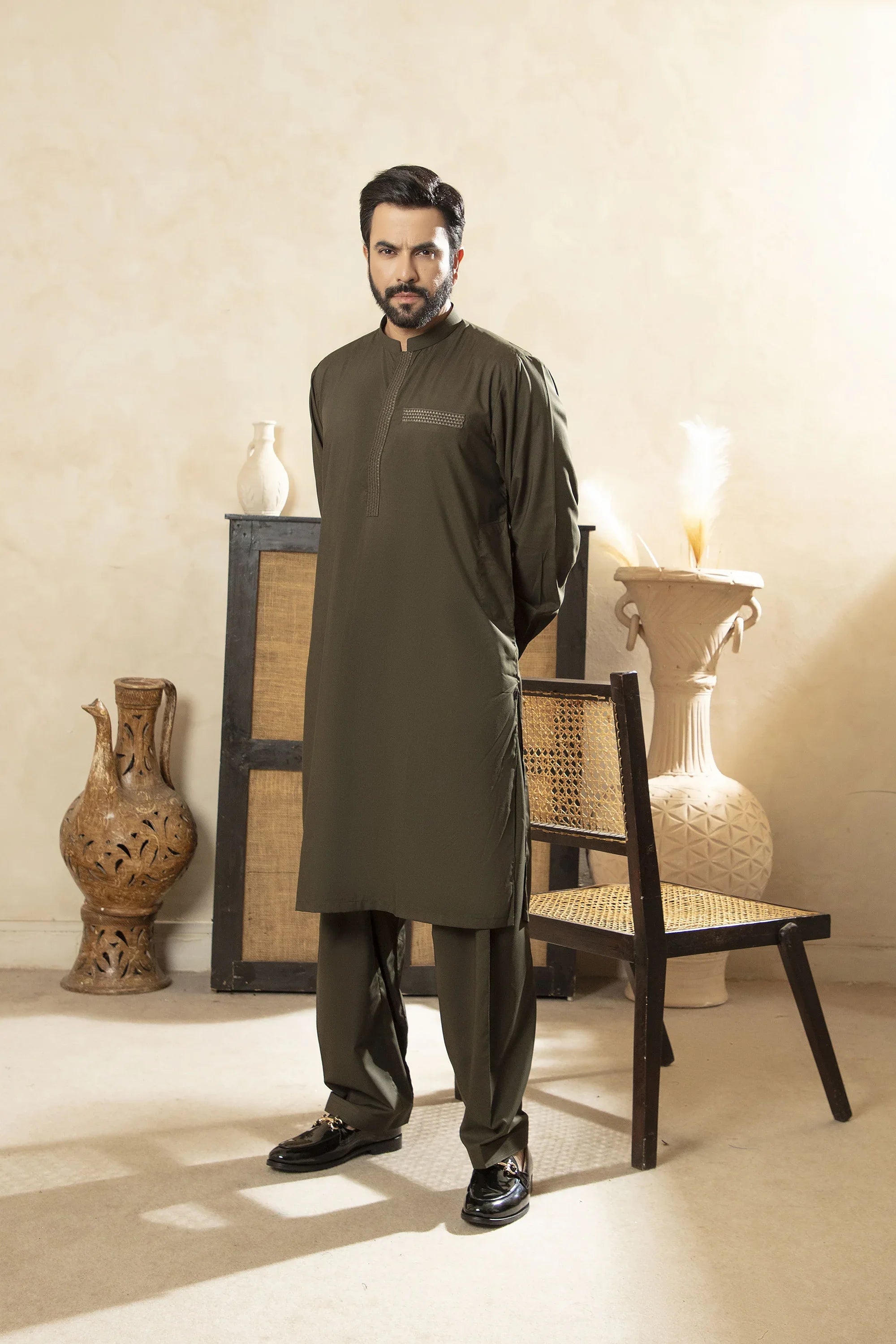 Premium Kameez Shalwar With Embroidered Placket & Pocket - Olive Green