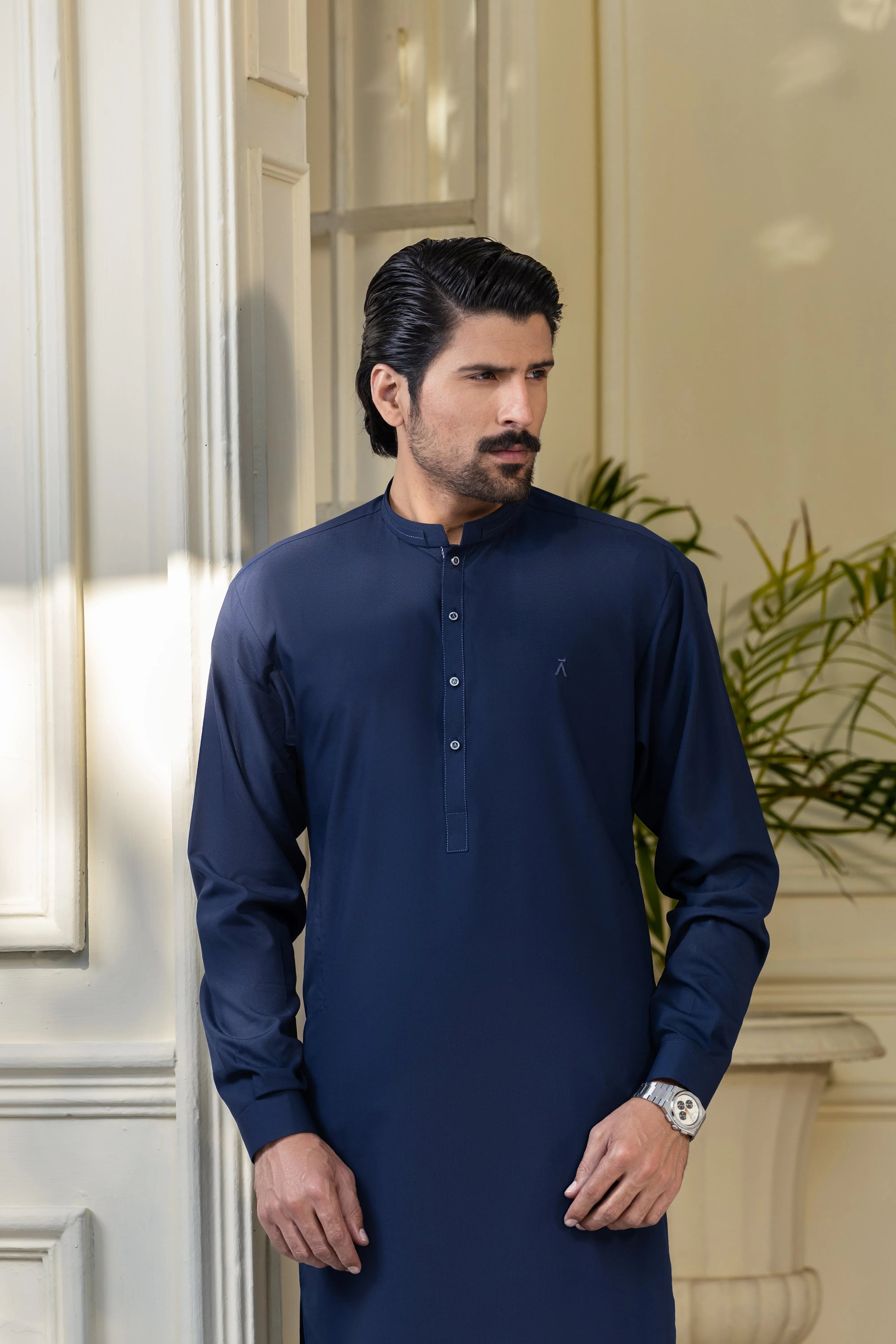 Stitched Ban Collar Kurta Trouser With Golden Logo Buttons for Men - Dark Blue