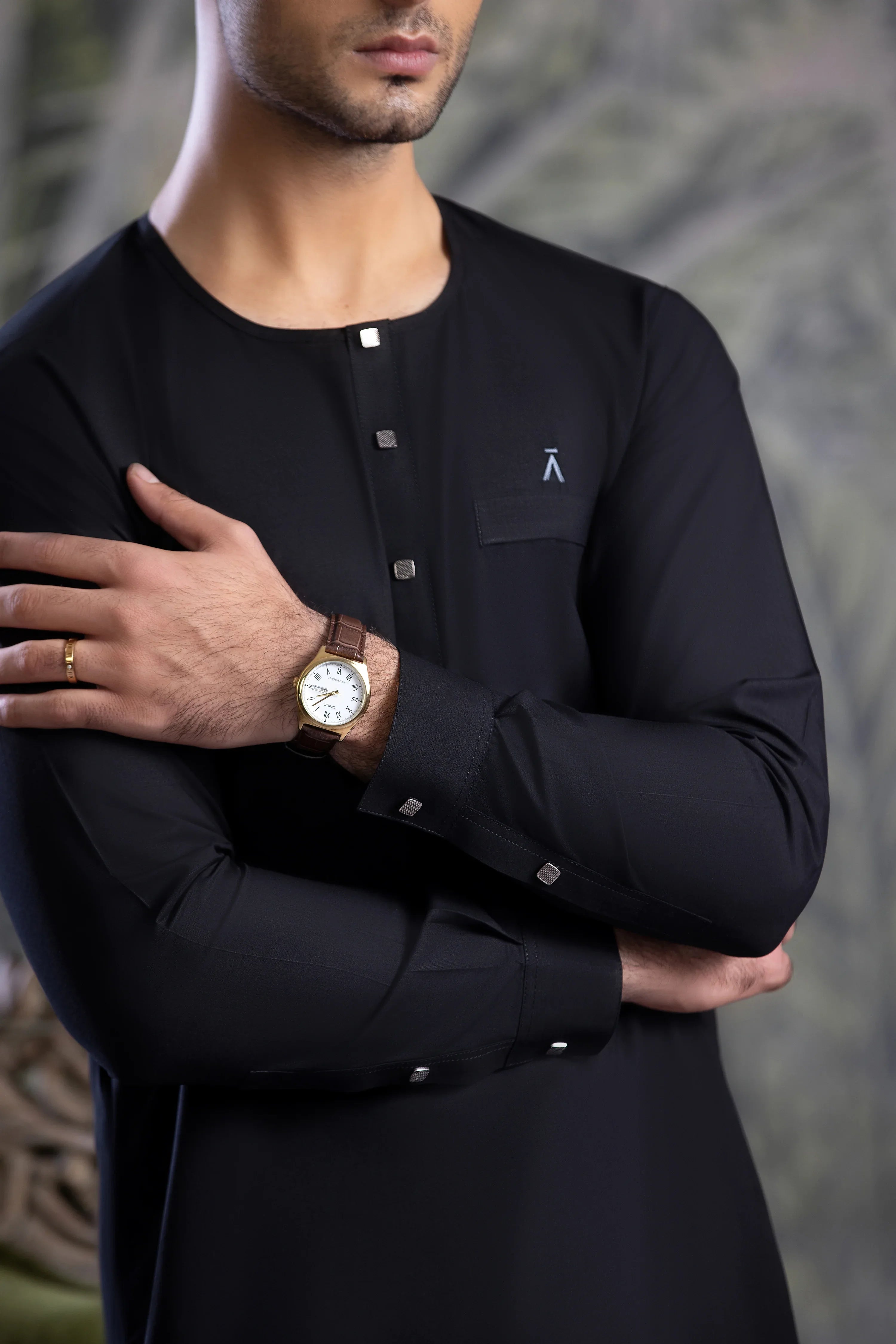Stitched Ban Less Short Kurta Trouser With Contrast Metal Square Buttons for Men - Black