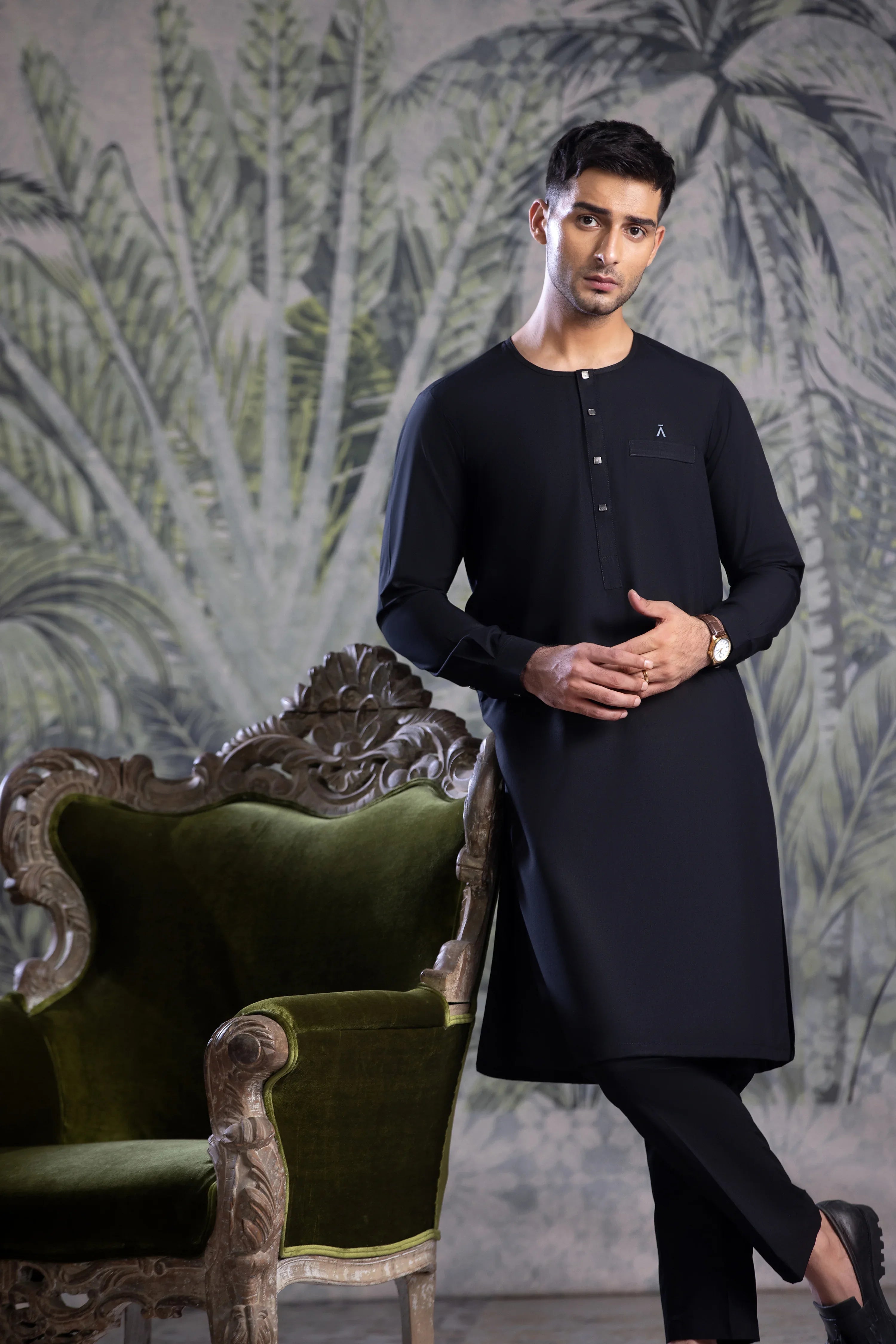 Stitched Ban Less Short Kurta Trouser With Contrast Metal Square Buttons for Men - Black
