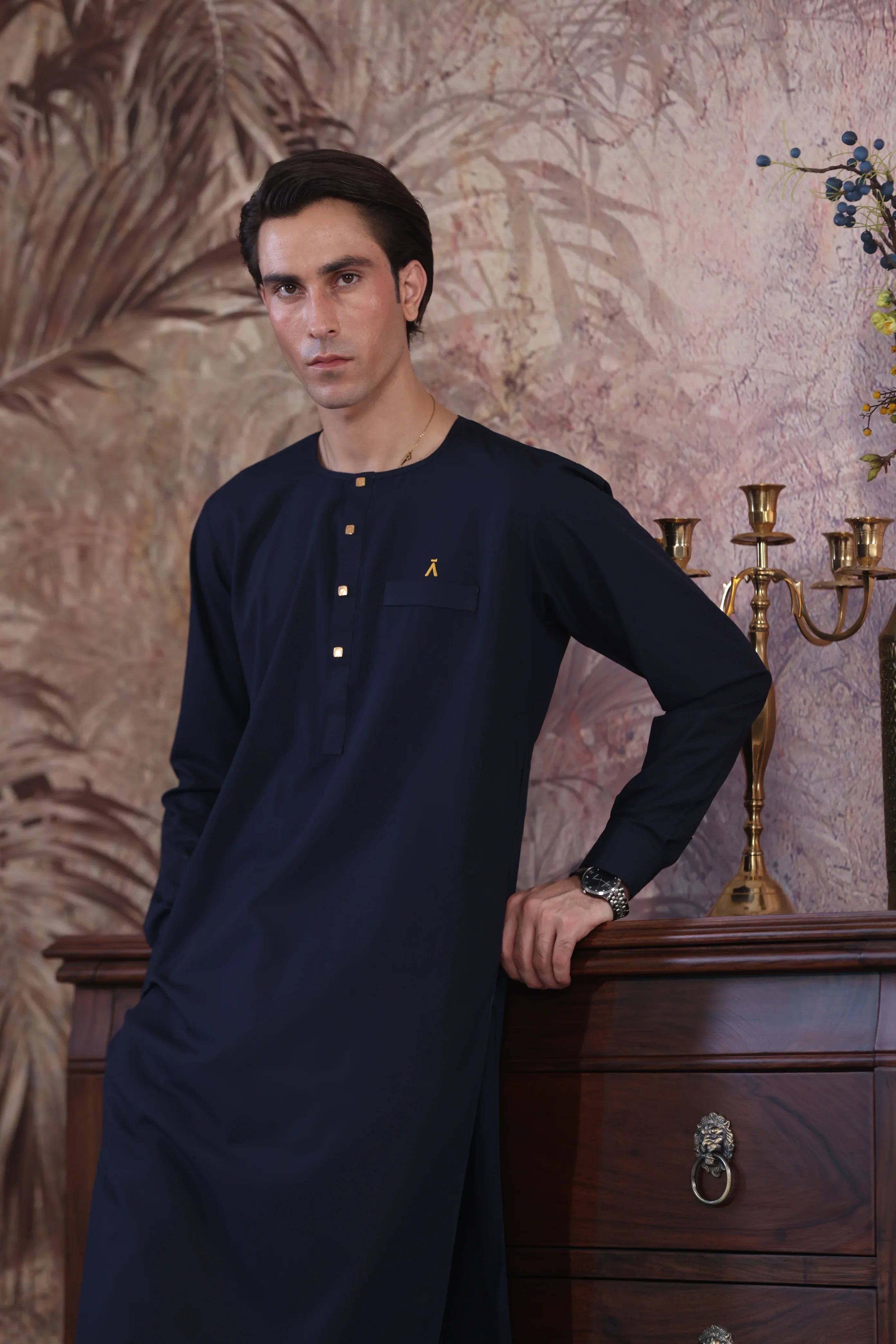 Stitched Ban Less Short Kurta With Matching Trouser & Golden Buttons for Men - Navy Blue