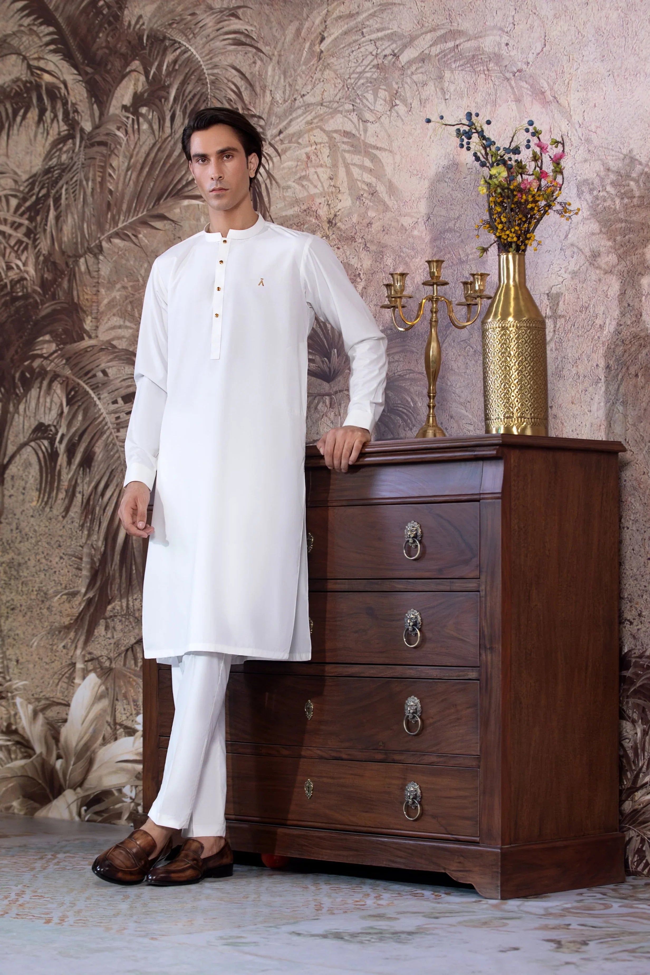 Stitched Blended Kurta Trouser With Copper Metal Buttons for Men - Off White