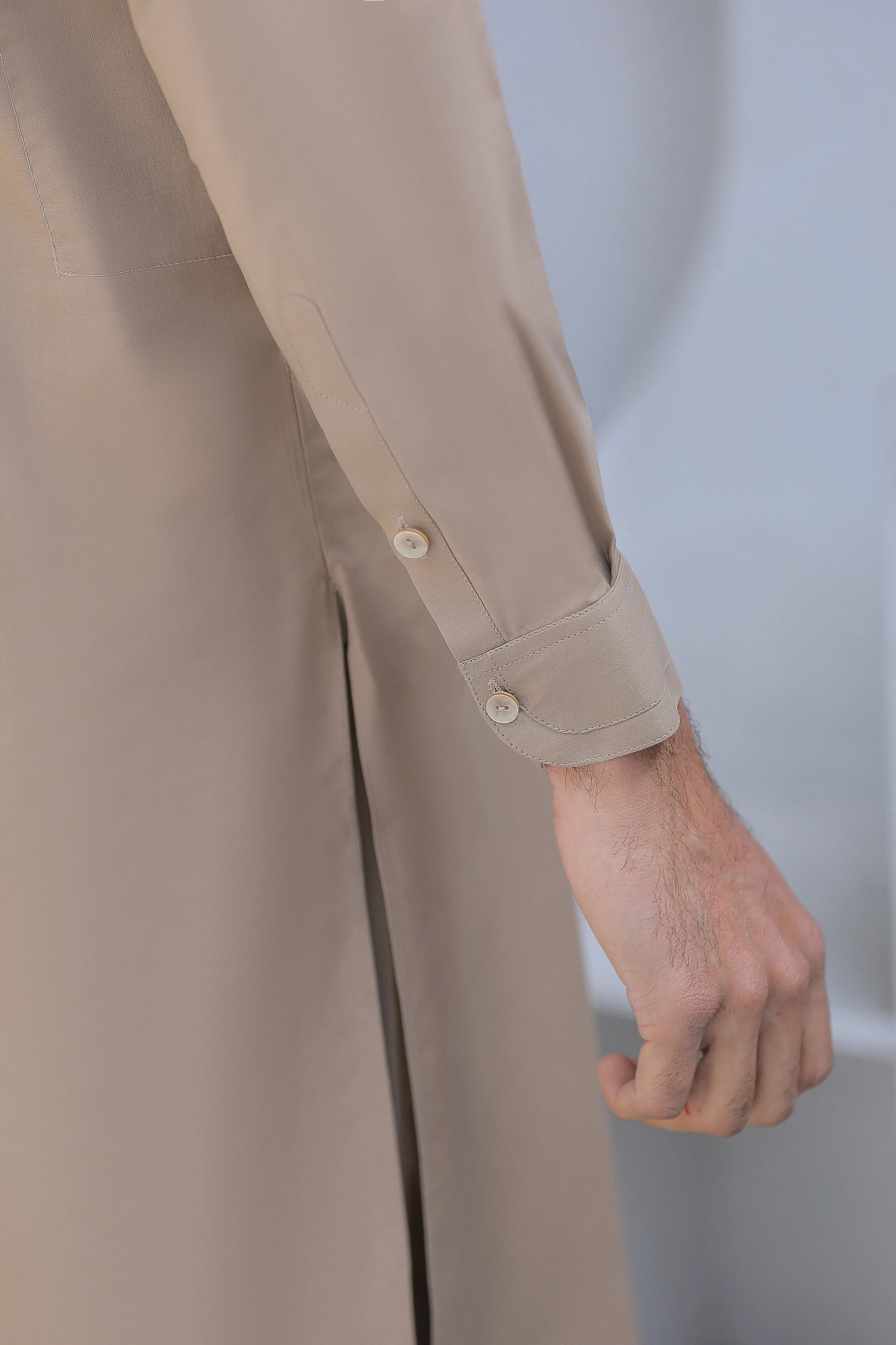 Stitched Blended Kurta With Matching Trouser for Men - Light Brown