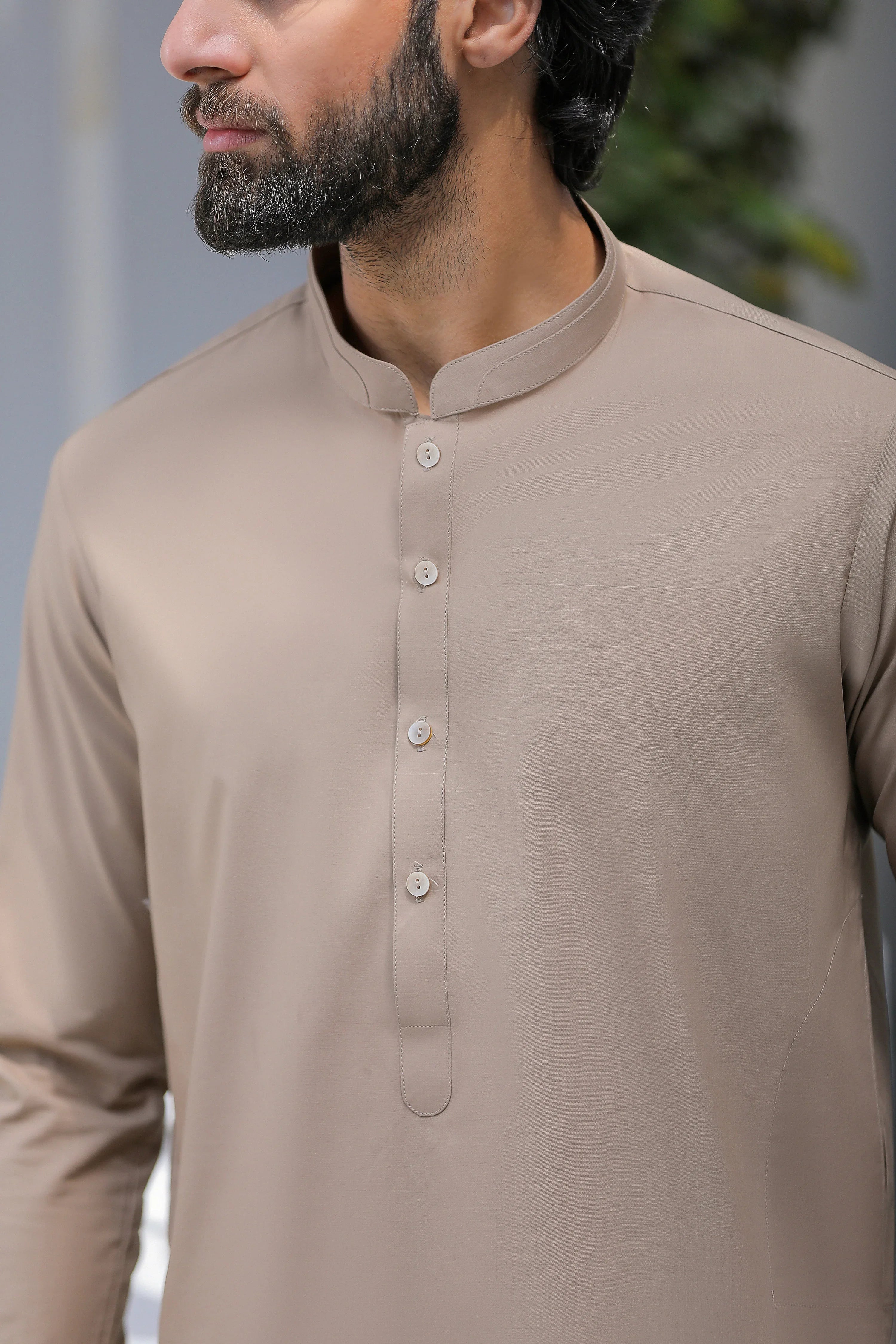 Stitched Blended Kurta With Matching Trouser for Men - Light Brown